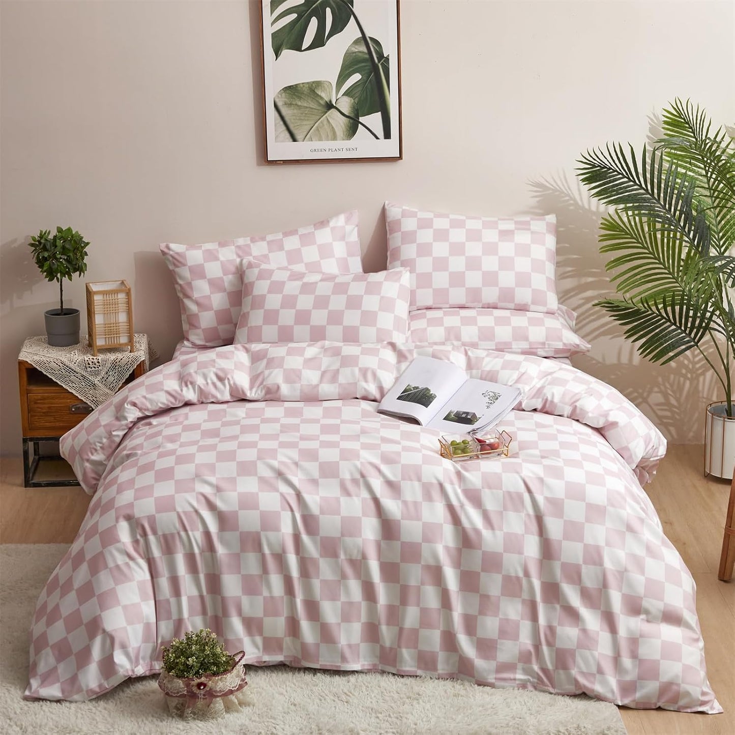 KAREVER Pink Grid Comforter Full Pink Plaid Bedding Set Girls Pink White Checkered Bed Comforter Set Breathable Blanket Set Kids Durable Bedding Comforter Set