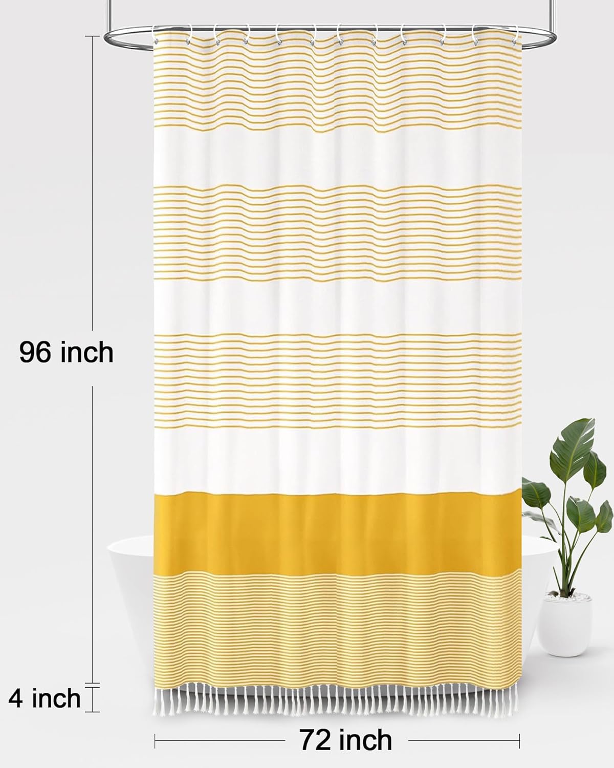 Awellife Boho Yellow Shower Curtain for Bathroom Farmhouse Cotton Stripe Tassel Shower Curtain Natural Texture 96" L x 72" W