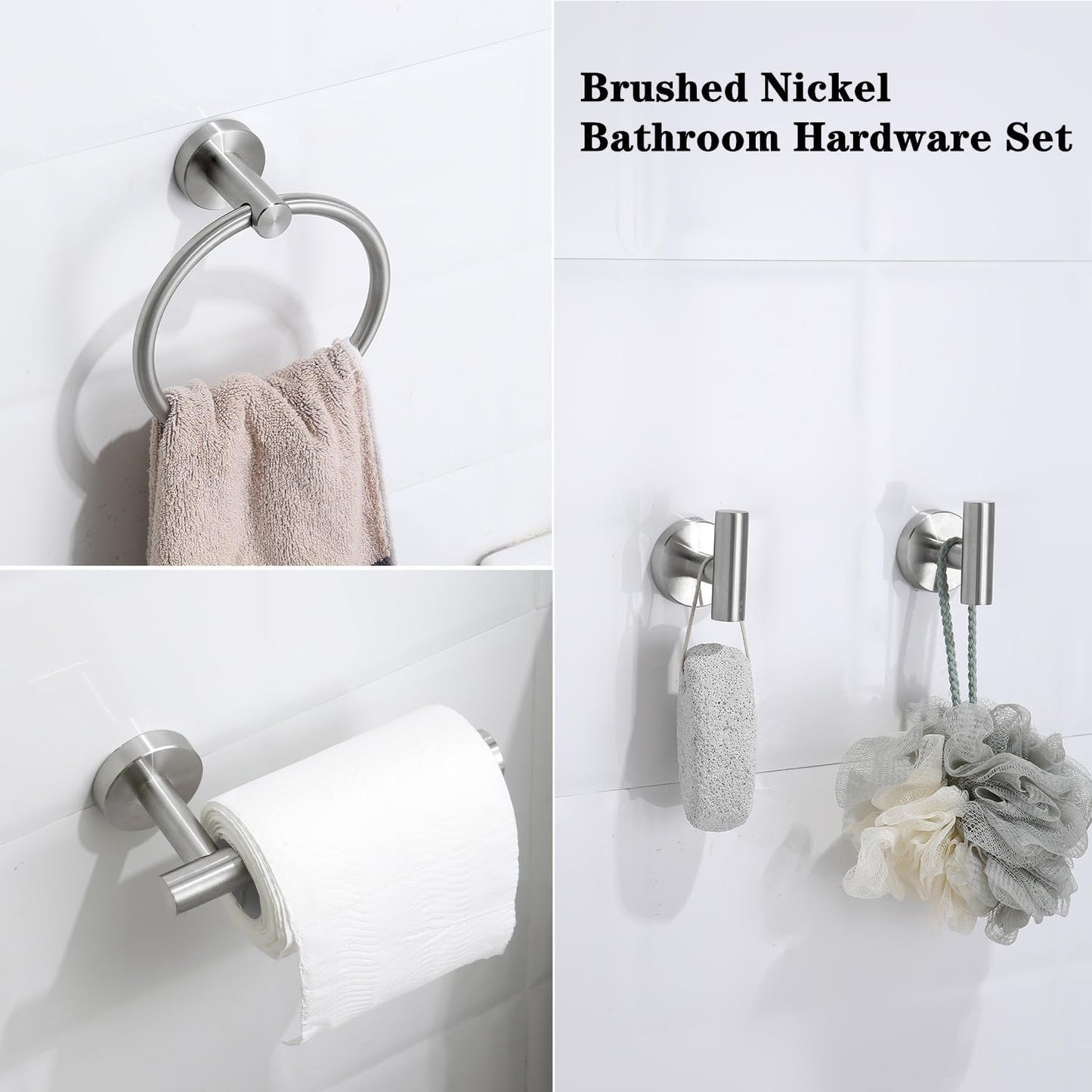 4 Piece Brushed Nickel Bathroom Hardware Set, Modern Towel Ring and Toilet Paper Holder Set,Wall Mounted, Durable SUS304 Stainless Steel Bathroom Accessories Set