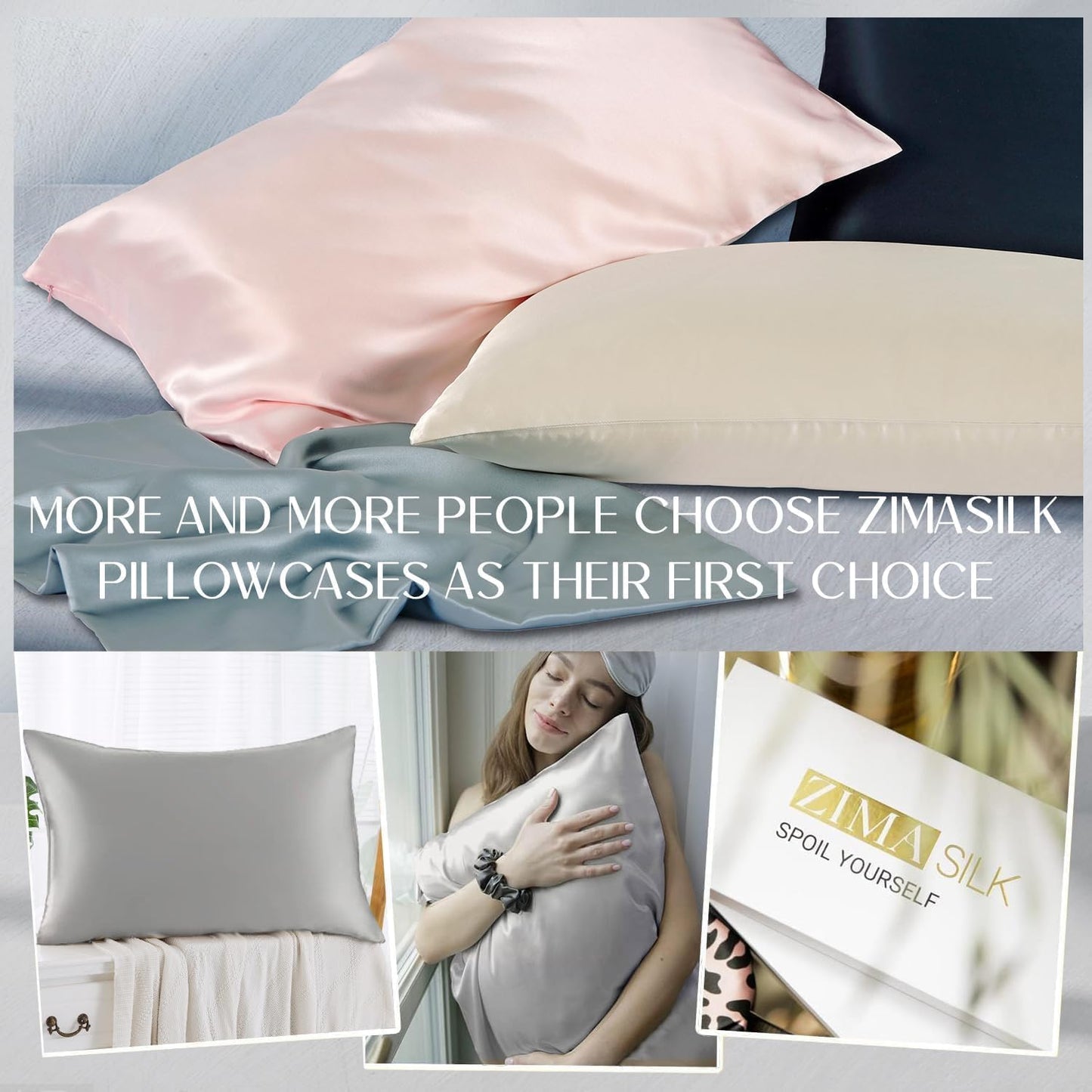 ZIMASILK 100% Pure Mulberry Silk Pillowcase 2 Pack, Soft and Smooth,Both Sides Premium Grade 6A Silk,600 Thread Count,with Hidden Zipper for Men and Women Family (Standard 20"x26", Gray)