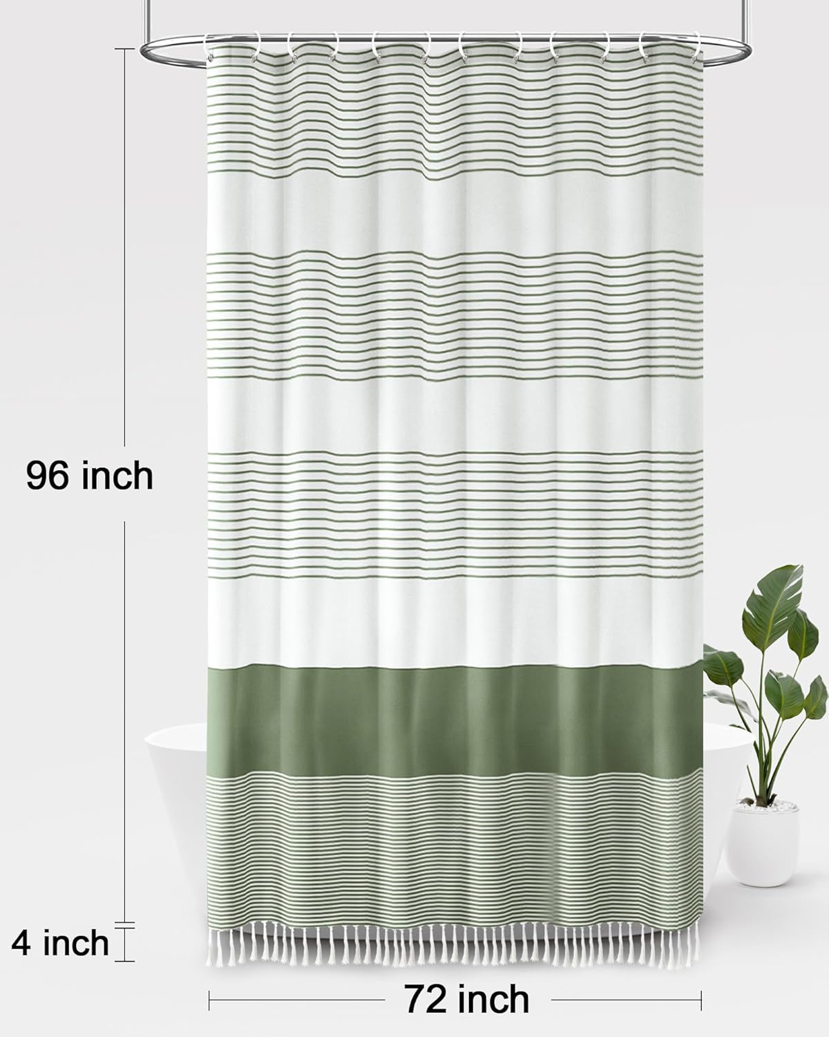 Awellife Sage Green Shower Curtain for Bathroom Stripe Tassel Shower Curtain 72 X 96 Inches Farmhouse Cotton Extra Long