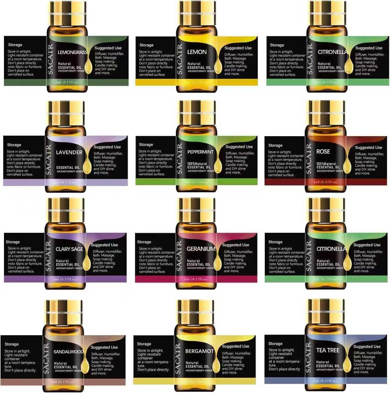 Essential Oils by SACATR Natural Essential Oil Set -12 Essential Oils Gift Set for Diffuser, Massage, Fragrance Oil Scent for DIY Candle and Soap Making (12 * 5ML)