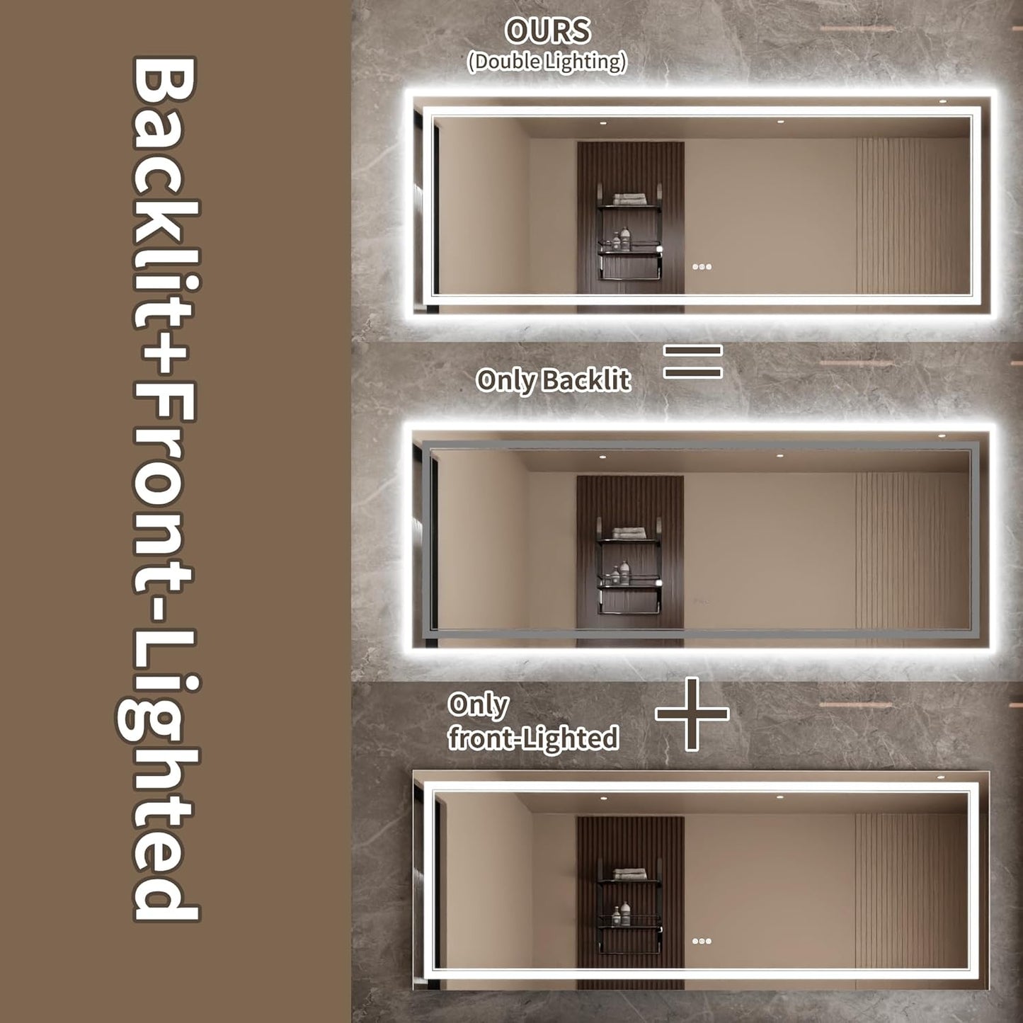Bathroom Mirror with Lights 32"X84" with Front Light and Backlit, Tempered Glass, Wall Mount Horizontal/Vertical, Stepless Dimmable, 3 Colors, Anti Fog, Bathroom Memory LED Mirror