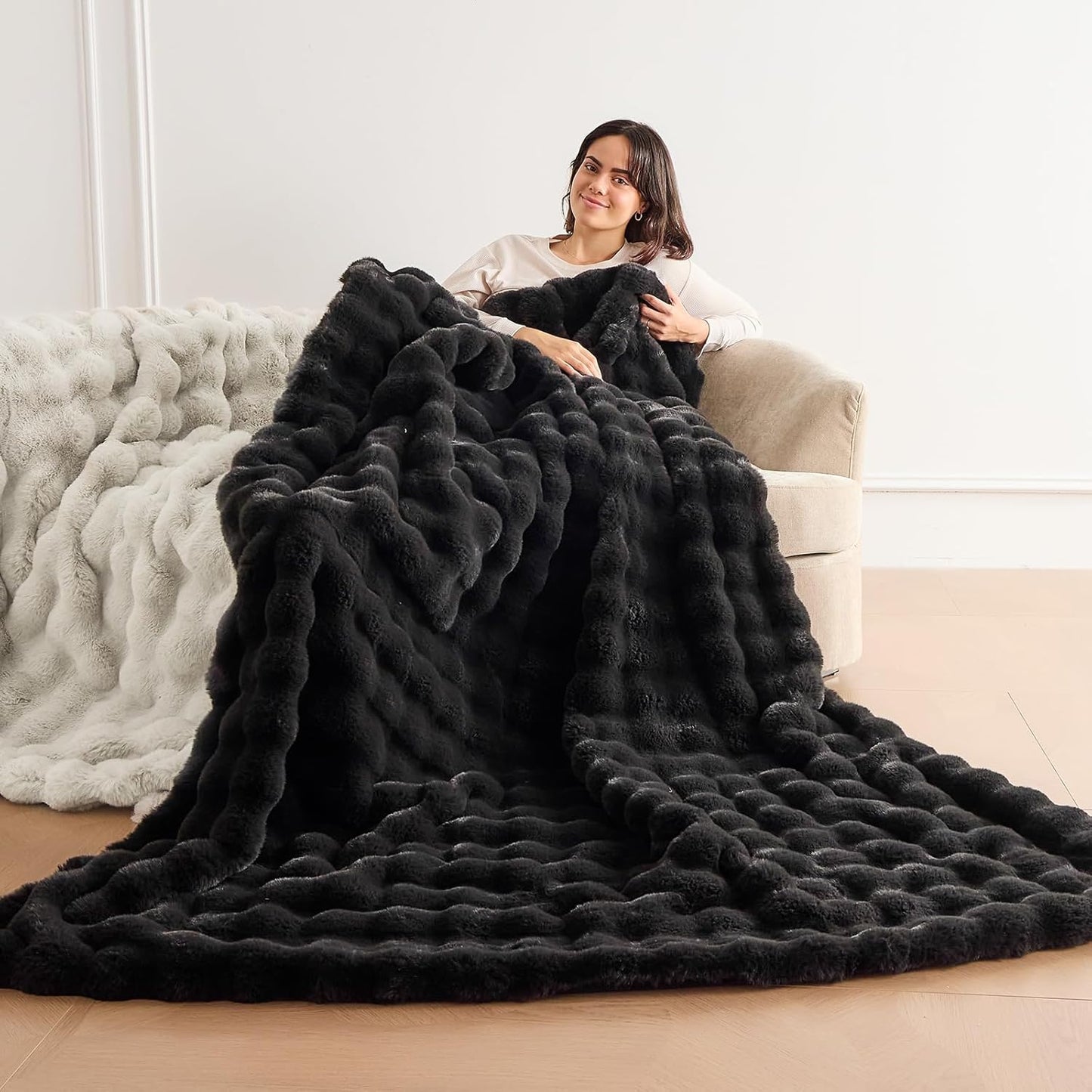 Fluffy Faux Rabbit Fur Throw Blanket - Soft, Luxury, Cozy Thick Warm Decorative Blanket for Bed, Sofa (Throw Size 50''x60'', Black)