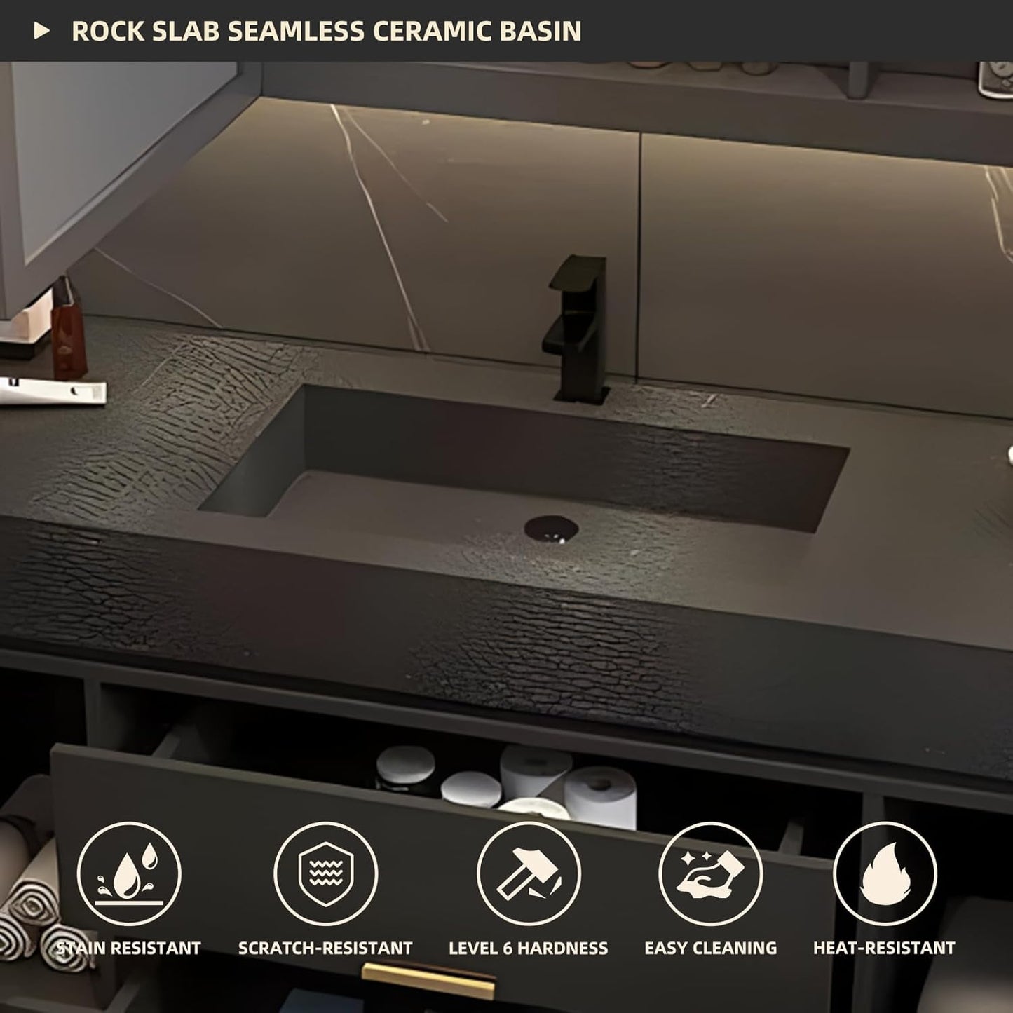 Bathroom Vanity, Floating Bathroom Vanity with Single Sink, Solid Wood Bathroom Vanities Includes LED Smart Defogging Mirror Cabinet & One-Piece Sink, Modern Vanities with 2 Drawer Storage (Black,72")