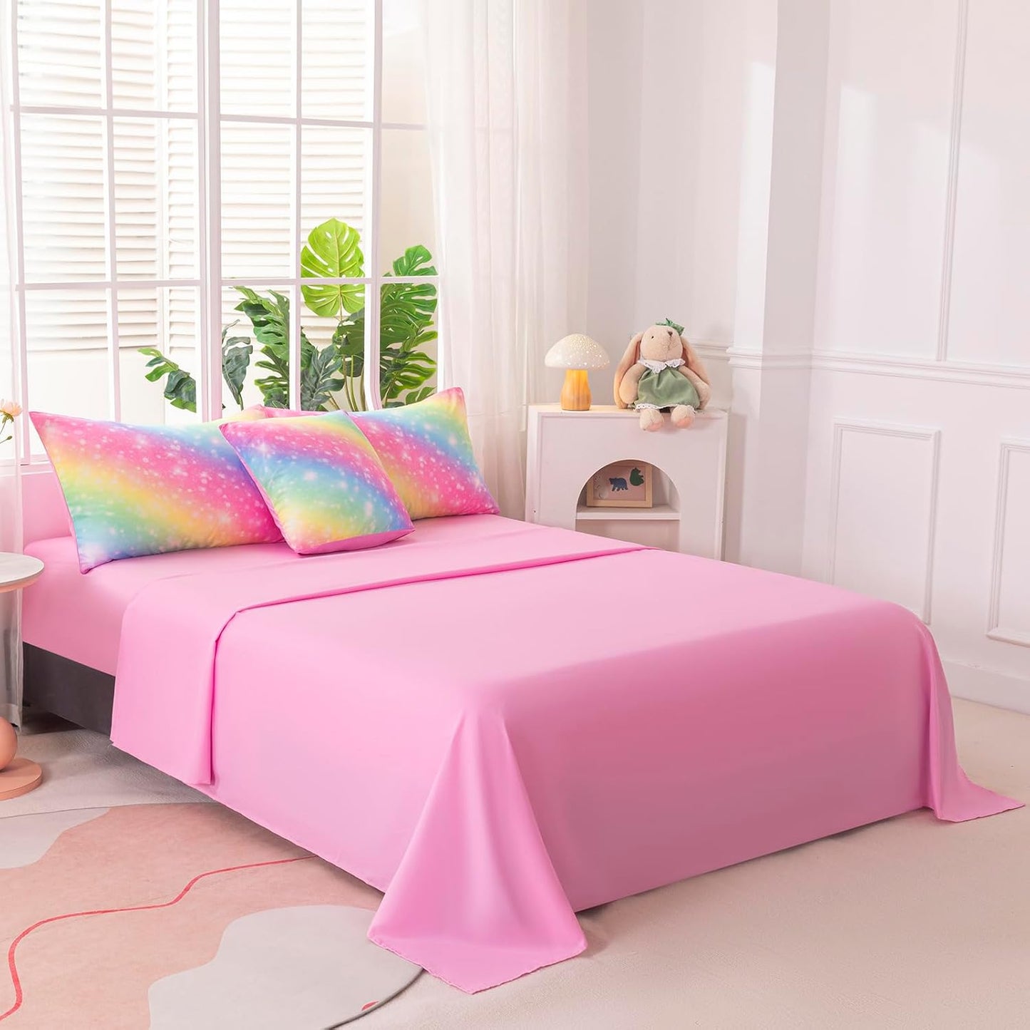 4Pcs Full Size Comforter Set for Girls Kids, Gradient Colorful Rainbow Girls Bedding Set Full with Sheets, Soft & Breathable Kids Bed for Gift Bedroom Decor