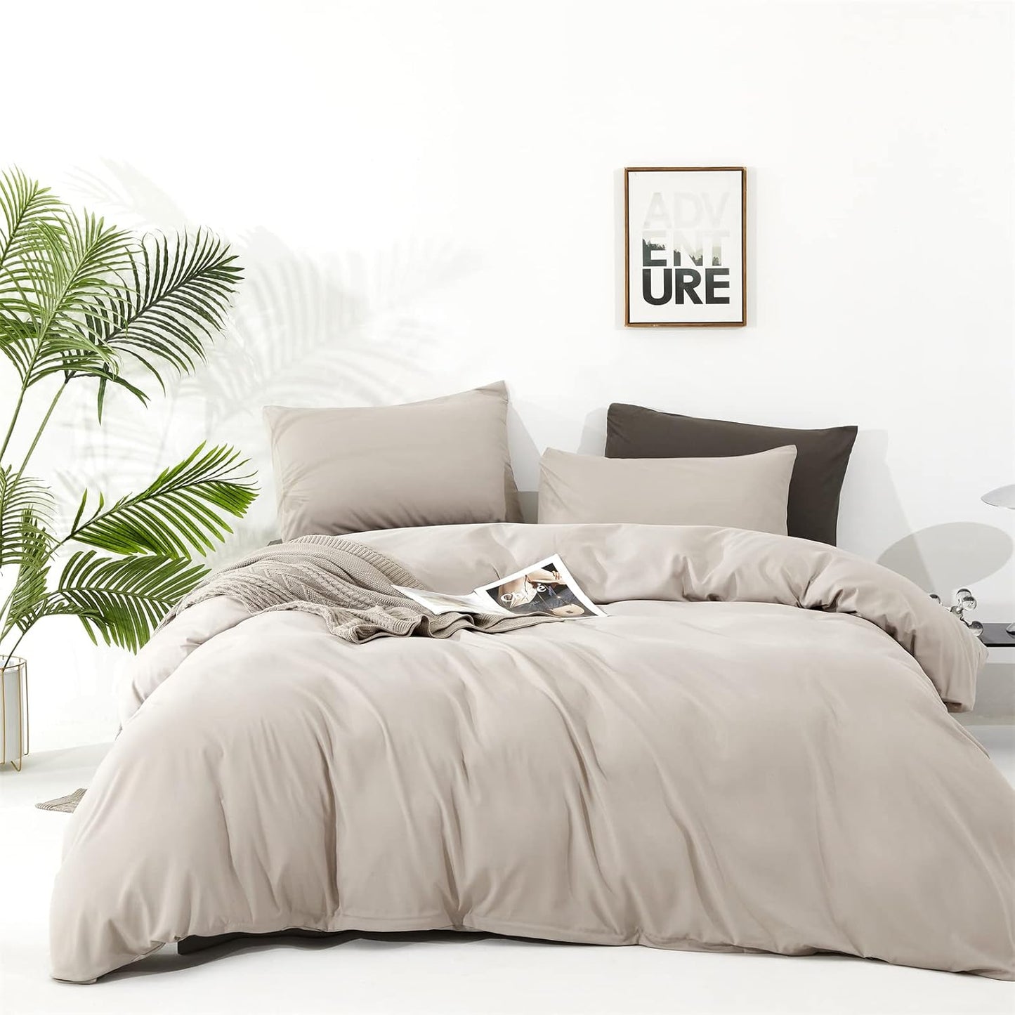 KAREVER Beige Khaki Comforter Set Queen Size Cream Khaki Bedding Set Women 3 Pieces Champagne Queen Taupe Bed Blanket Set All Season Gift