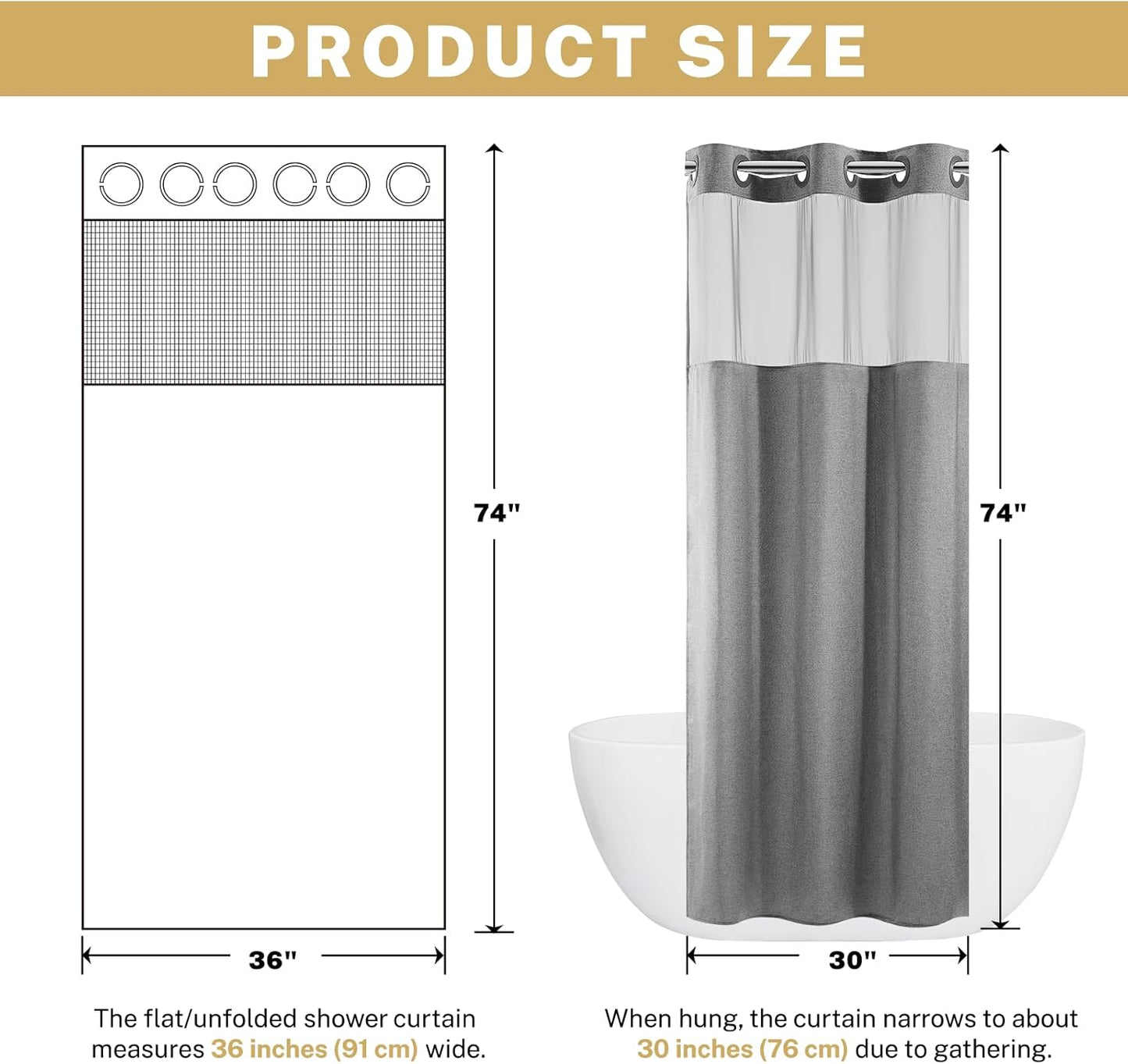 Small No Hook Shower Curtain with Snap in Liner, Polyester Textured Shower Curtain with Liner Set, Waterproof Washable Hotel Style Shower Curtains for Bathroom, 54Wx80H, Grey