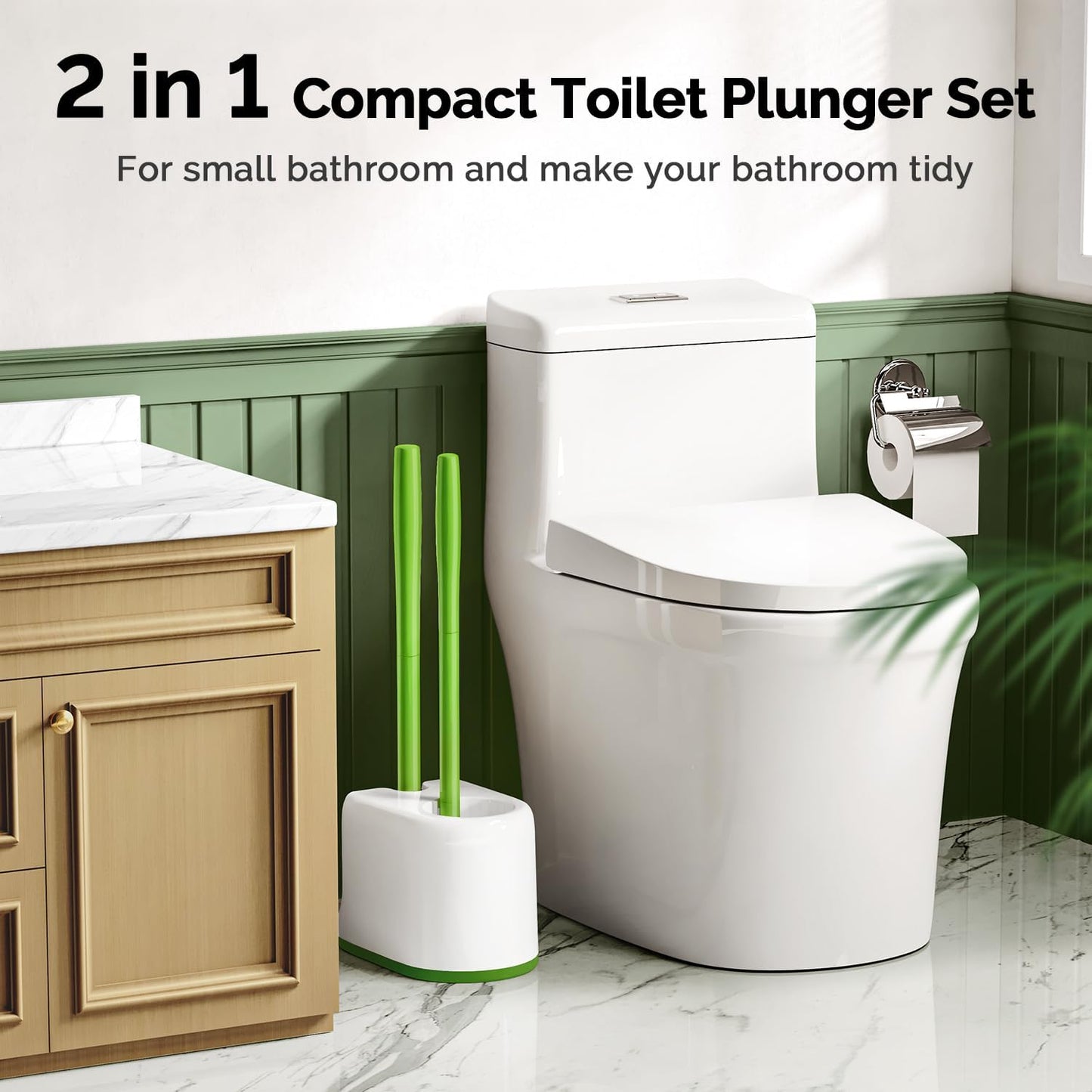 HAMITOR Toilet Plunger Bowl Brush Combo:Heavy Duty Rubber for Drain Clog Remover - Curved Design Bristles for Deep Cleaning Under Rim - Compact Bathroom Cleaning Tools for New Homet Essentials-Green