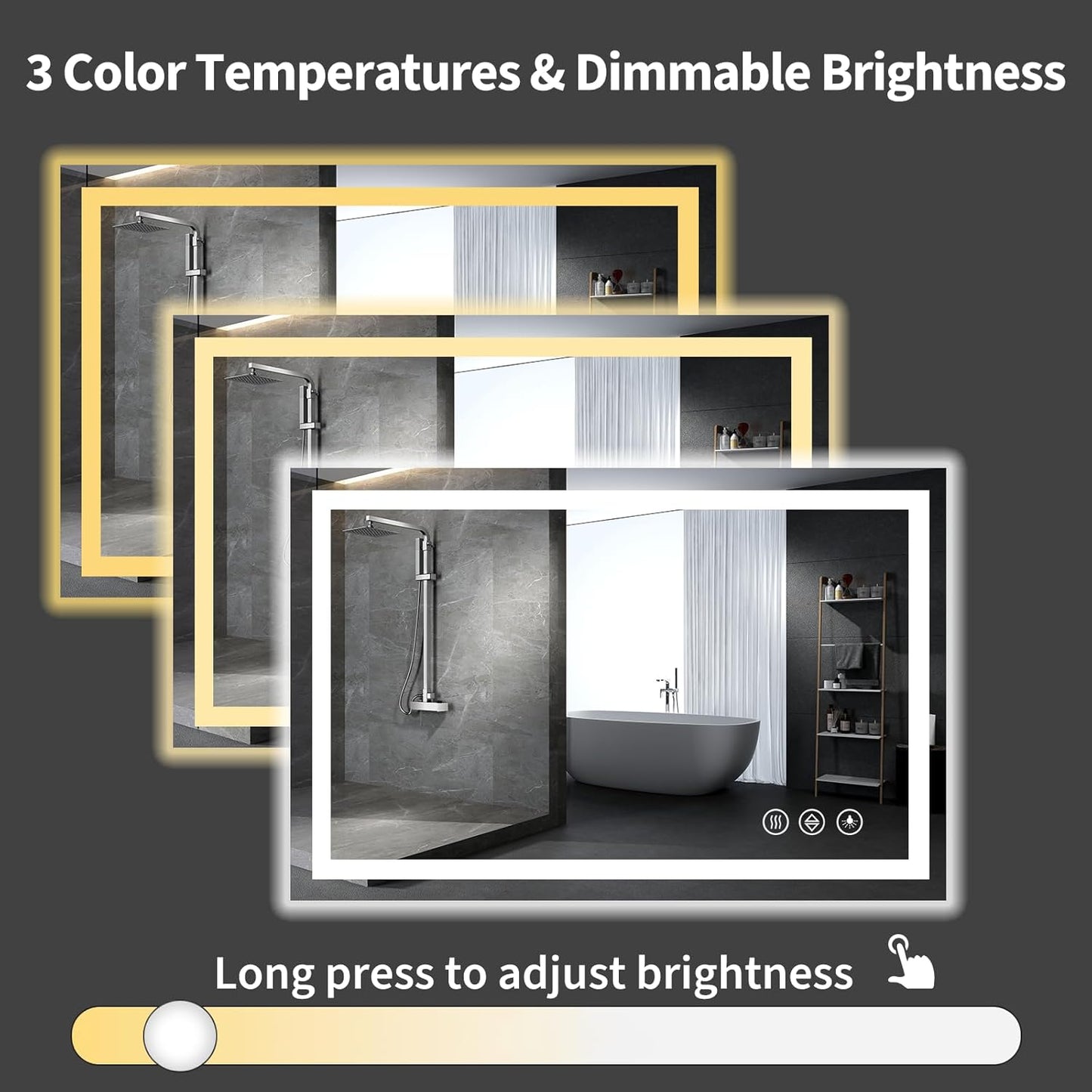 Koonmi 36x55 LED Bathroom Mirror, Backlit + Front Lit, LED Bathroom Mirror with Lights for Wall, 3 Colors, Anti-Fog, Dimmable Brightness, Memory Function, Tempered Glass