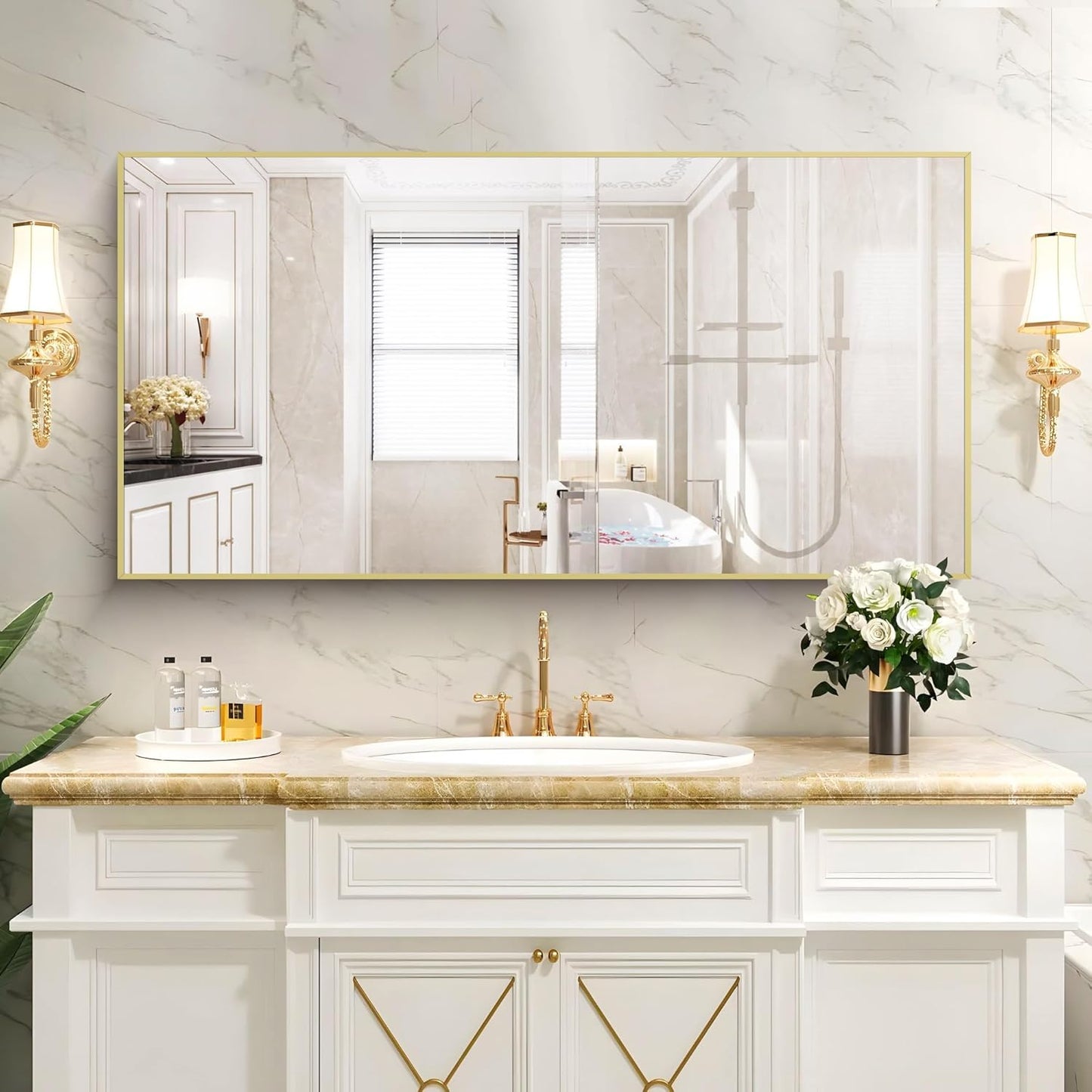 48x24In Gold Bathroom Mirror for Wall, Brushed Gold Rectangle Mirrors with Metal Frame, Bathroom Rectangular Mirror Modern Wall Mirror for Bedroom Living Room, Hangs Horizontal or Vertical