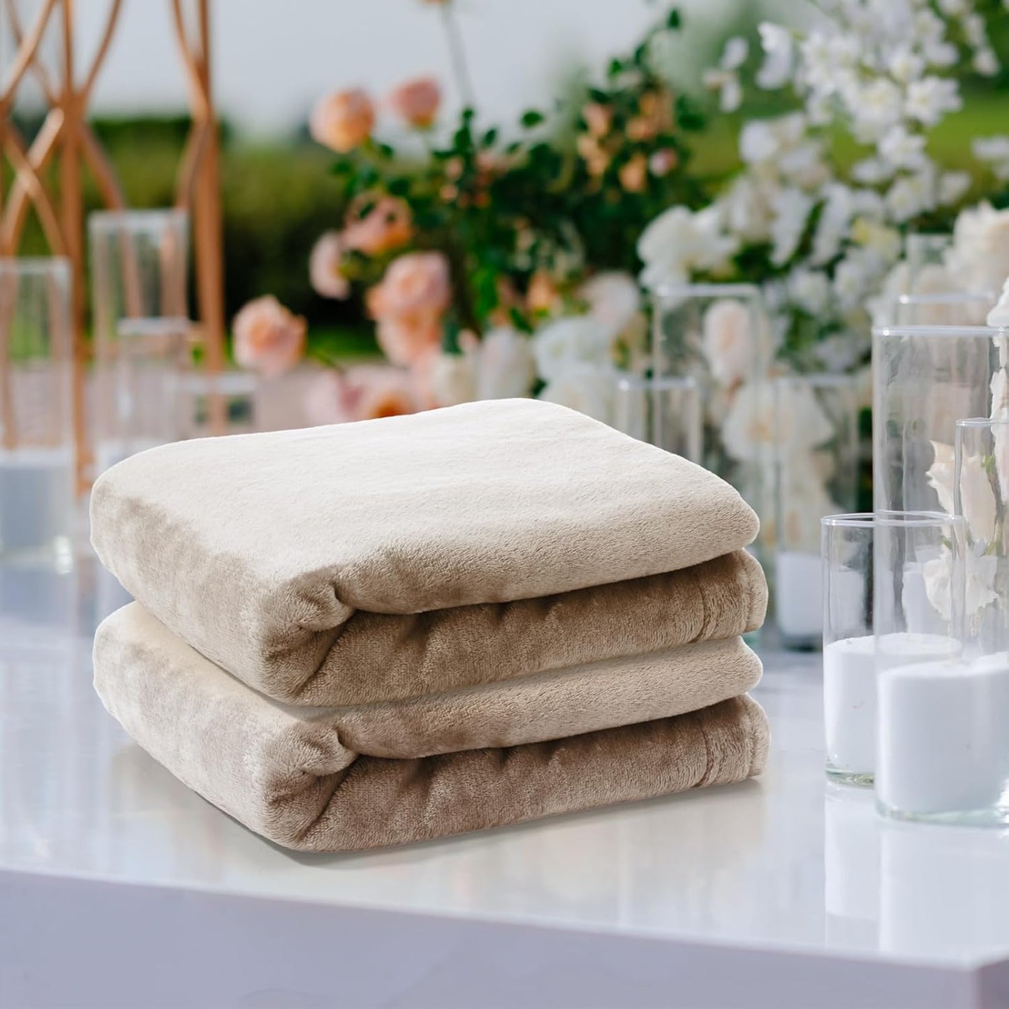 Tinideya 6 Pcs Flannel Fleece Throw Blanket Bulk 50 x 60 Inch Soft Fleece Blanket Warm Throw Blanket Coral Blankets for Couch Sofa Home Wedding Gifts Season (Khaki)