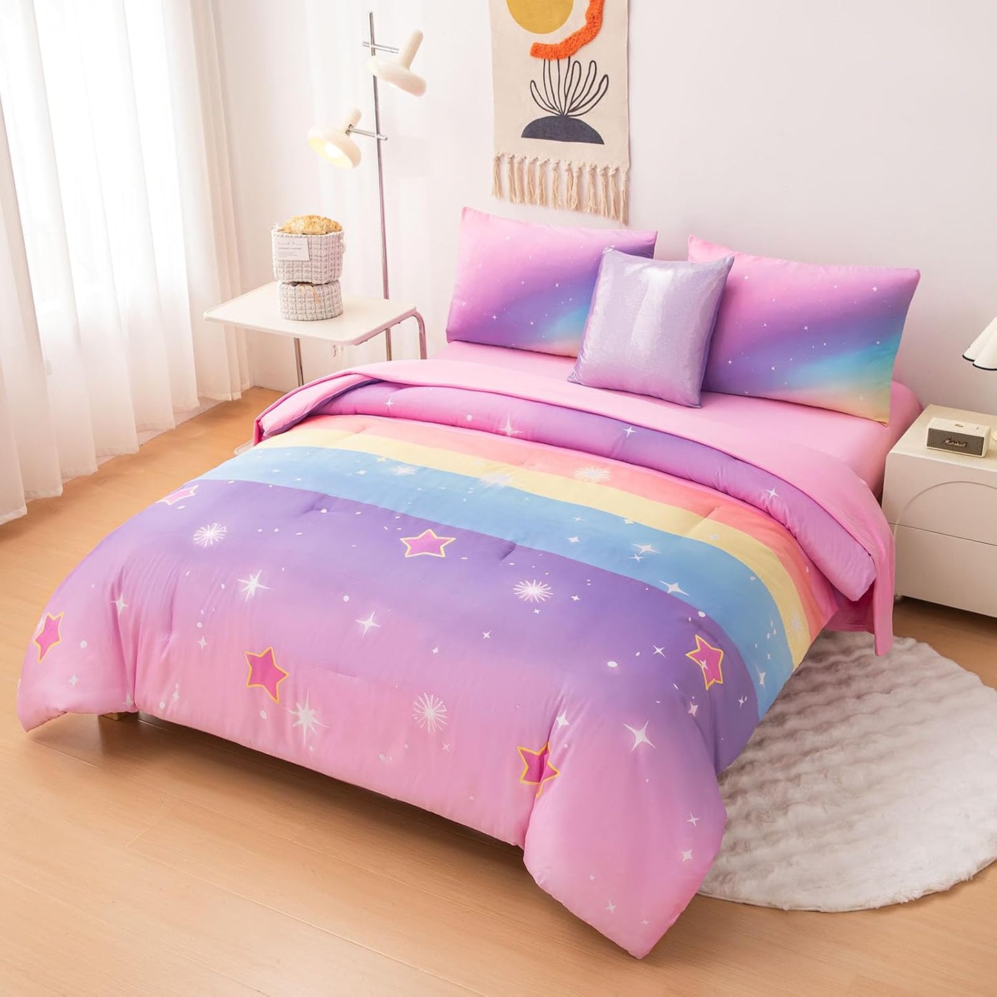 Rainbow Bedding Set Twin Size โ 6-Piece Reversible Girls Comforter with Deep-Pocket Sheet, Gradient Galaxy Design, Whole-Piece Filling, Machine Washable Bed-in-a-Bag for Kids Room Makeover & Gifts