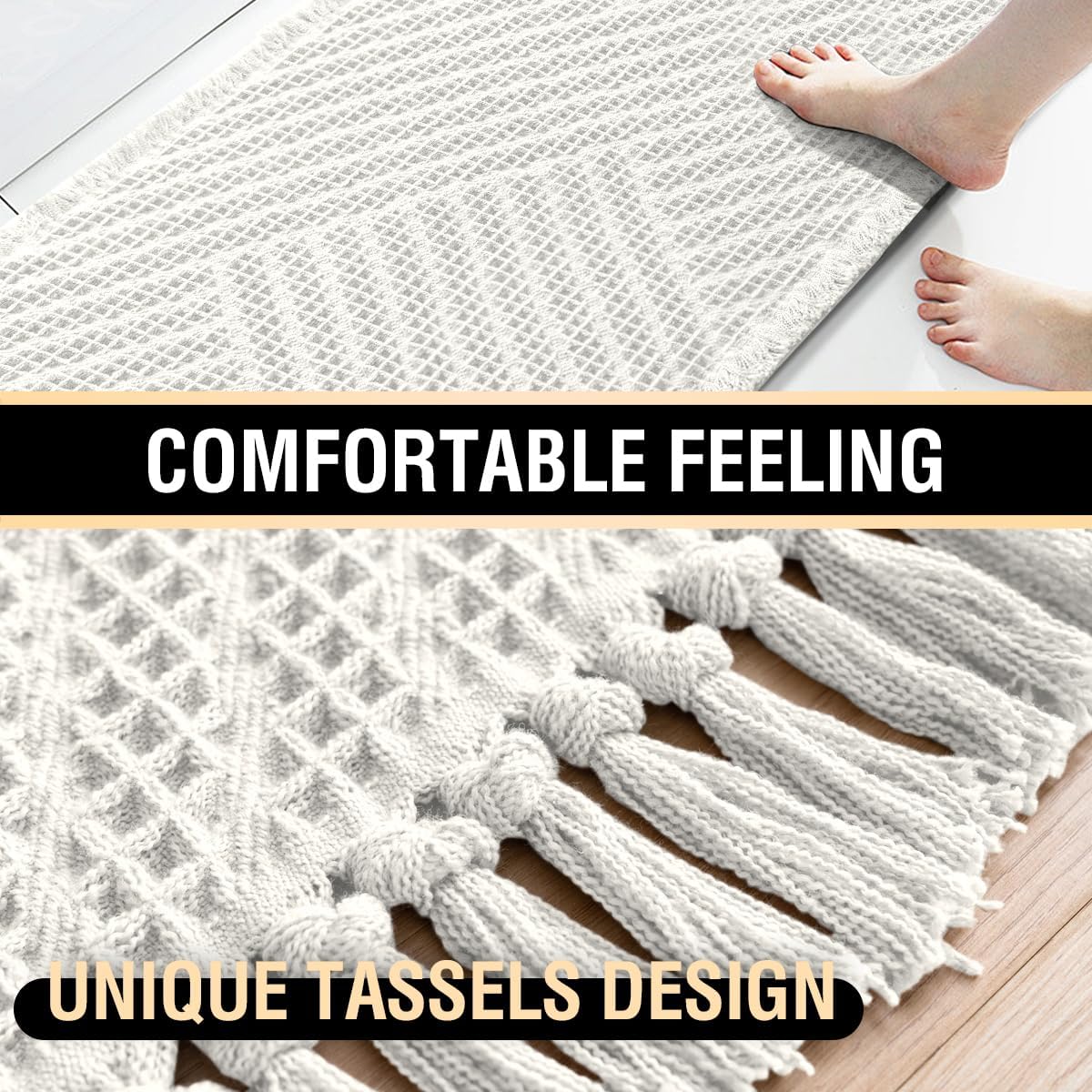 H.VERSAILTEX Waffle Bath Runner Rug Long Bath Mat Super Absorbent Boho Bath Rugs Non Slip Bath Runner for Bathroom Floor Machine Washable Dry Fast Bathroom Rugs with Tassels, 24" x 72", Ivory White