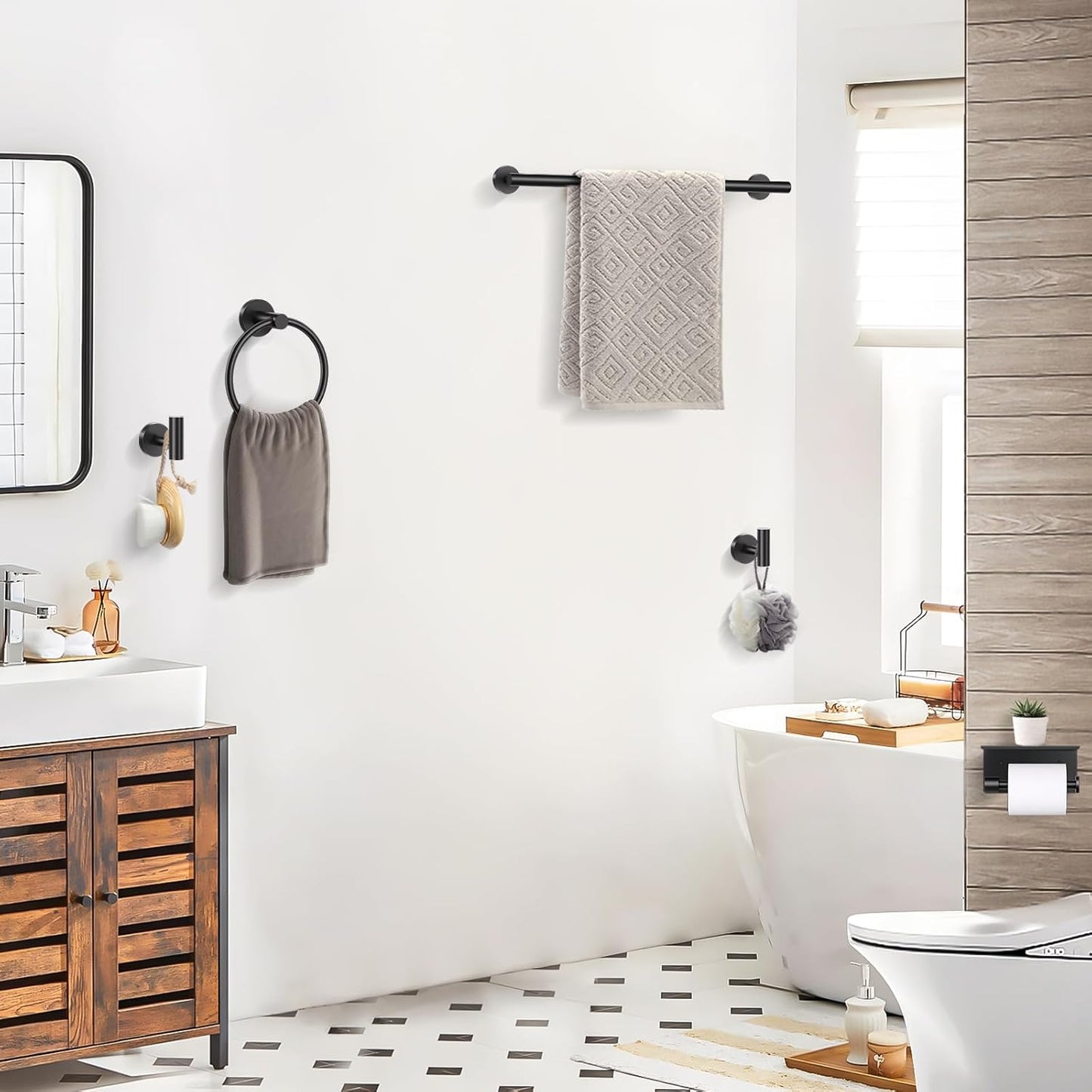 TQKAG 5 Piece Bathroom Towel Bar Holder Sets Matte Black Bathroom Hardware Set Stainless Steel Toilet Paper Holder with Shelf Bathroom Accessories Kit Wall Mounted