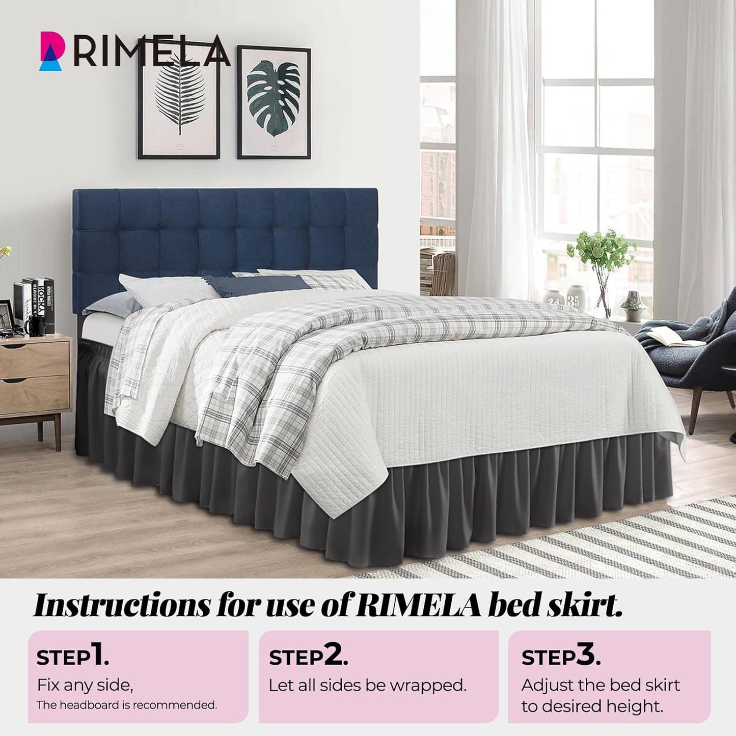 RIMELA Dark Grey Bed Skirt Queen Size 18 Inch Drop, Elastic Bed Skirting for Bed Base and Frame, Bedding Dust Ruffle Easy to Install, Lightweight Wrap Around Adjustable Bedskirt