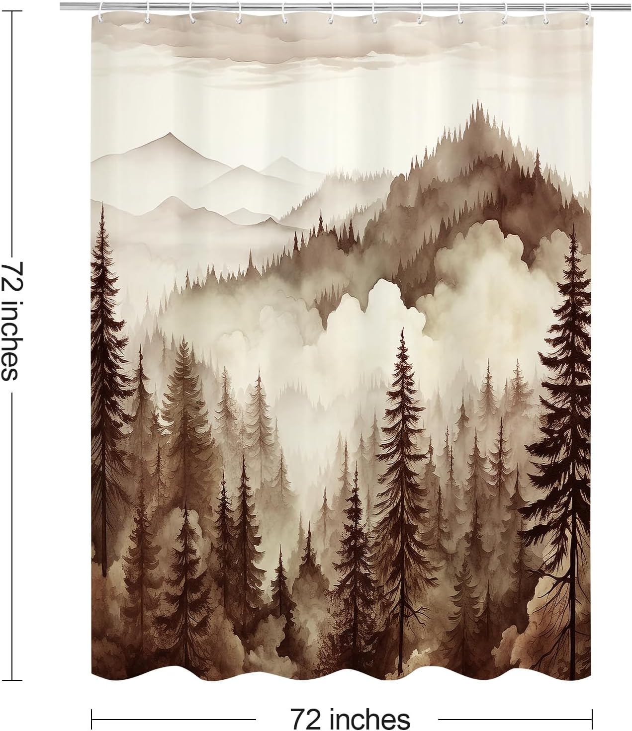 Brown Misty Pine Forest Shower Curtain, Tan Mountain Foggy Woodland Scenery Tree Shower Curtains for Chic Rustic Bathroom, Abstract Modern Waterproof Nature-Themed Decor, 72x72 Inches