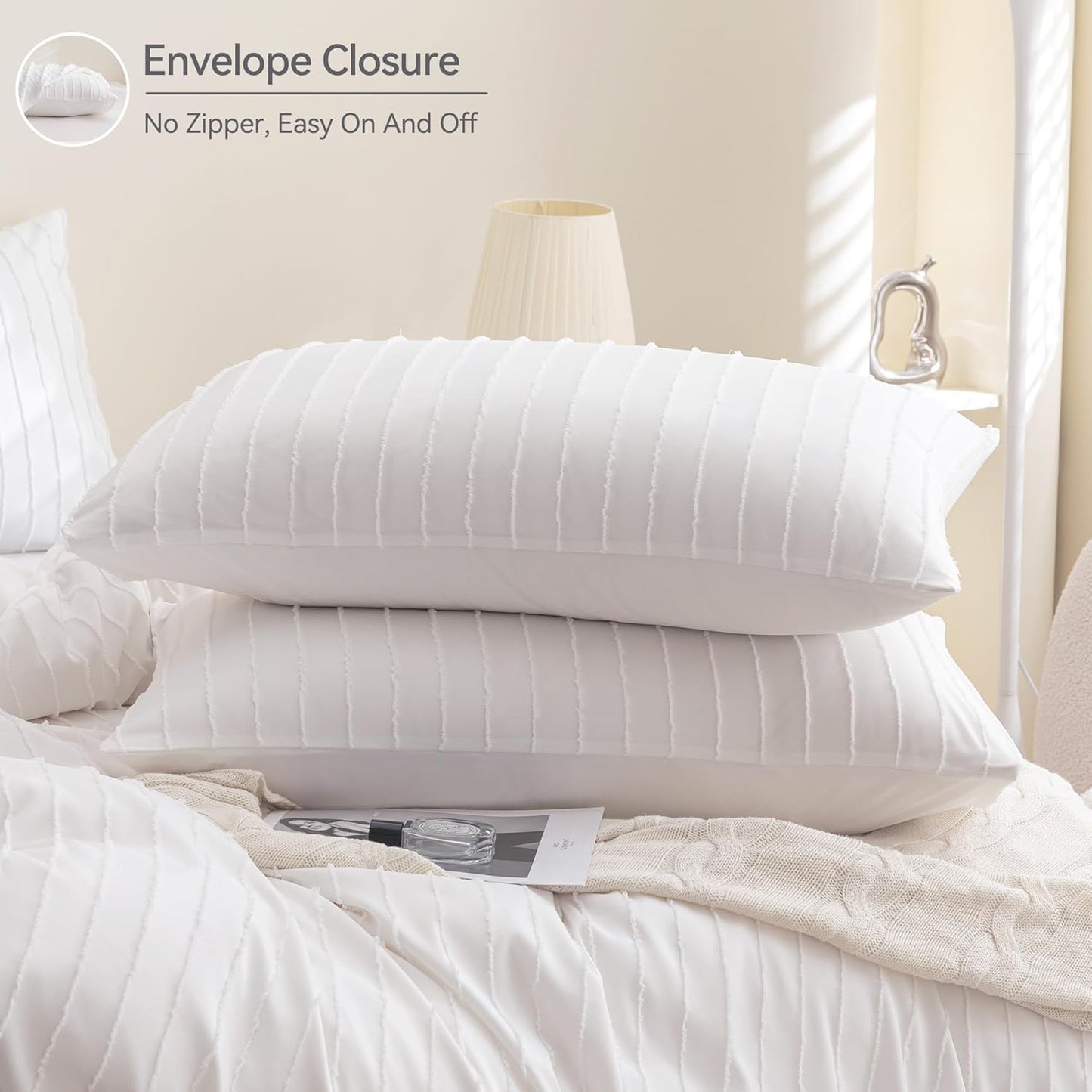 JELLYMONI Duvet Cover King Size Bright White - 3PCS Boho Striped Duvet Cover Set Polyester Tufted Bohemian Textured Comforter Cover 104×90in with Corner Ties & Zipper and 2 Pillowcases