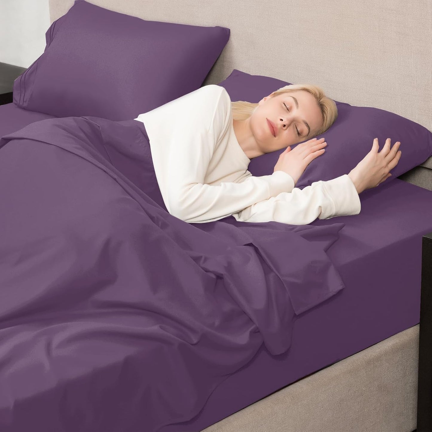 Mejoroom King Size Bed Sheet Set - Hotel Luxury 1800 Bedding Sheets & Pillowcases - 16" Deep Pocket Fitted Sheet, Soft, Breathable, Wrinkle & Fade Resistant - 4 Piece(King, Purple)