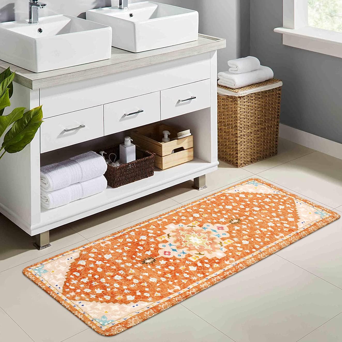 Uphome Boho Tribal Bathroom Runner Rug Orange Cute Floral Bath Mat Non-Slip Machine Washable Long Bathroom Rugs Soft Velvet Oriental Farmhouse Bath Rug for Sink Shower Doormat Tub, 18x47 inch