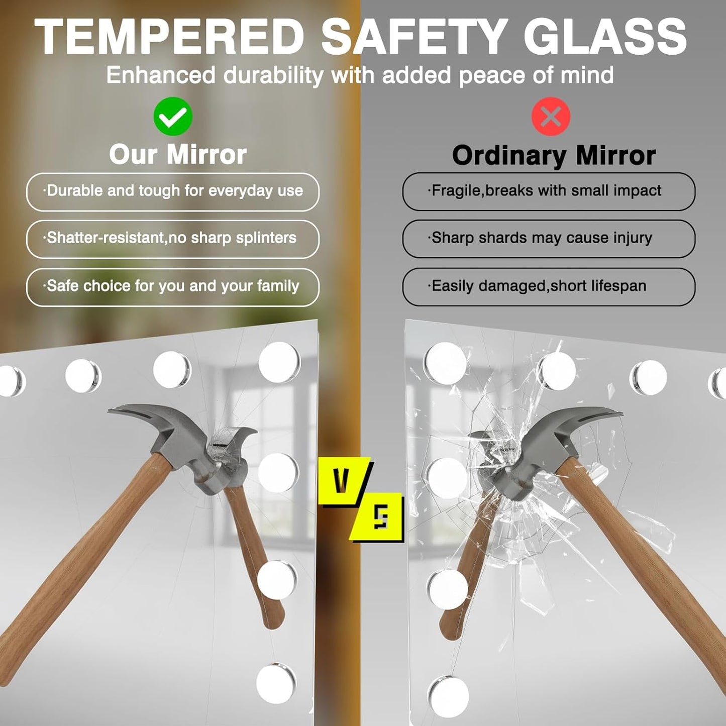 48x32 Lighted Bathroom Mirror, Hollywood Wall-Mounted Mirrors with LED Bulbs, 3 Color Temperatures and Step-Less Dimming, IP54 Enhanced Anti-Fog, Corrosion Proof, Touch Sense