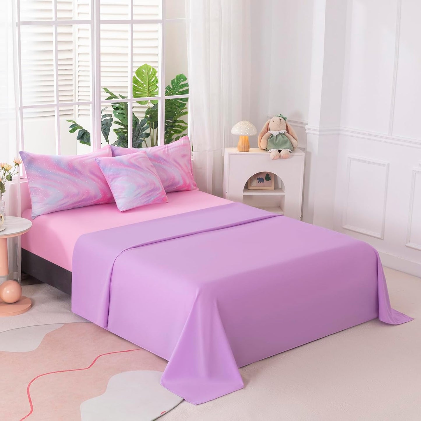 6Pcs Girls Twin Bedding Set with Sheets, Pink Bedding Sets, Bed in A Bag Kids Bedding Set for Girls Twin (1 Comforter, 1 Flat Sheet, 1 Fitted Sheet, 1 Cushion Cover, 2 Pillowcases)