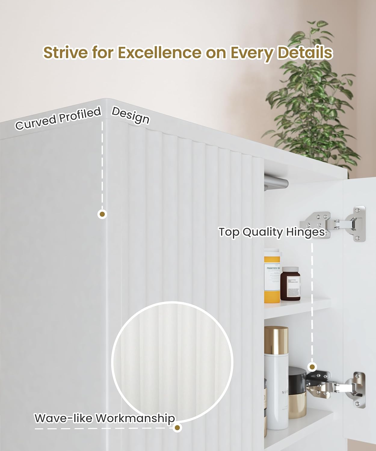 HAIOOU Fluted Bathroom Wall Cabinet with Motion Sensor Light, Curved Profile Wooden Medicine Cabinet Wall Mounted Cupboard, Wave Like Over Toilet Storage Cabinet with Buffering Hinges - Modern White