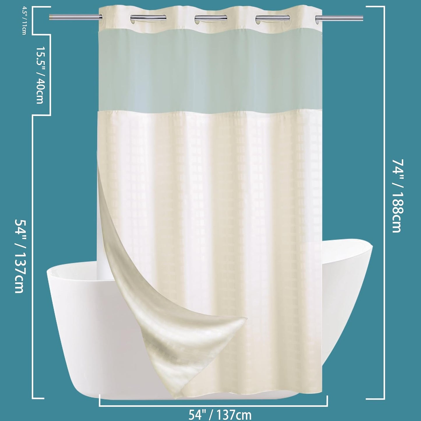 Conbo Mio Stall No Hook Shower Curtain with Snap in Liner Set, Hotel Luxury Beige Shower Curtains for Bathroom with See Through Top Window, Waterproof, Washable 54W x 74H