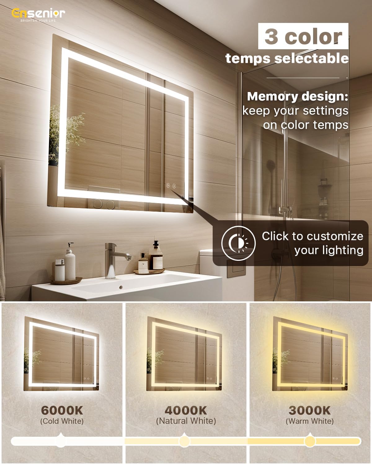Ensenior LED Bathroom Mirror 40"x 32" with Front and Backlight, Stepless Dimmable Wall Mirrors with Anti-Fog, Shatter-Proof, Memory, 3 Colors, Modern LED Vanity Mirror-ETL & FCC