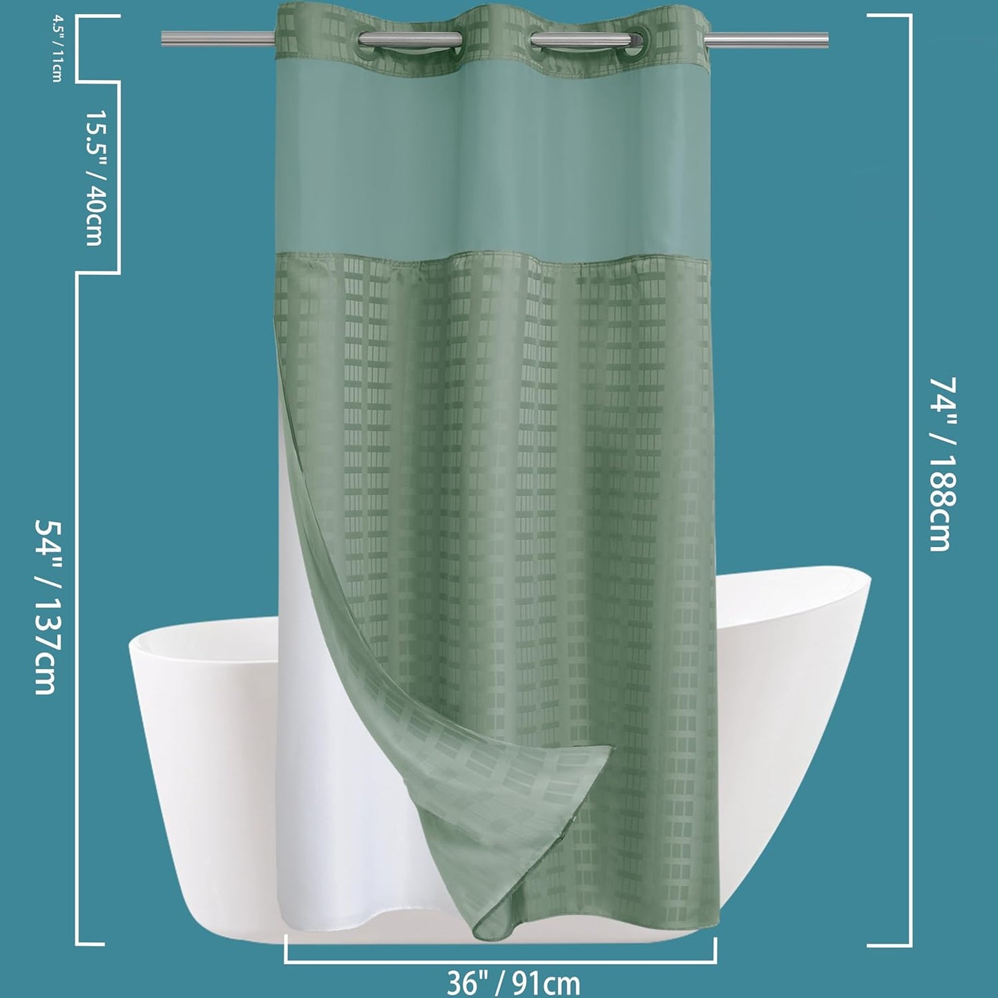 Conbo Mio Stall No Hook Sage Green Shower Curtain with Snap in Liner Set, Hotel Luxury Shower Curtains for Bathroom with See Through Top Window, Waterproof, Washable 36W x 74H