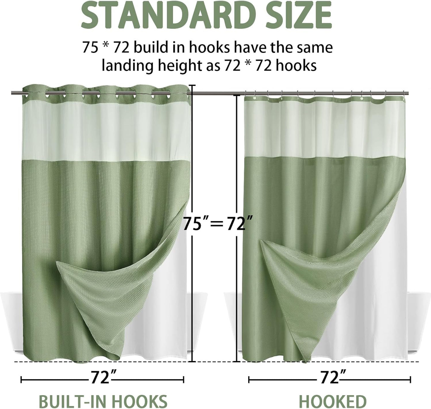 YellyHommy No Hook Shower Curtain with Snap in Liner Set Less Time Sage Green Waffle Shower Curtain for Bathroom 75" L x 72" W