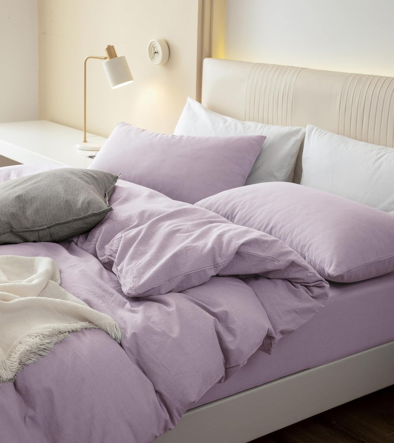 JIYUAN 100% Washed Cotton Duvet Cover Set 3 Pieces Oversized King, 1 Duvet Cover 120x98 Inches(Comforter Not Included) and 2 Pillowcases,Linen Like Comfy and Breathable,Heathered Light Purple