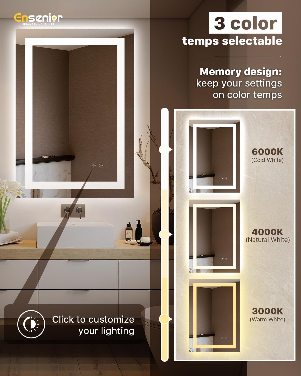 Ensenior LED Bathroom Mirror 24"x 32" with Front and Backlight, Stepless Dimmable Wall Mirrors with Anti-Fog, Shatter-Proof, Memory, 3 Colors, Modern LED Vanity Mirror-ETL & FCC