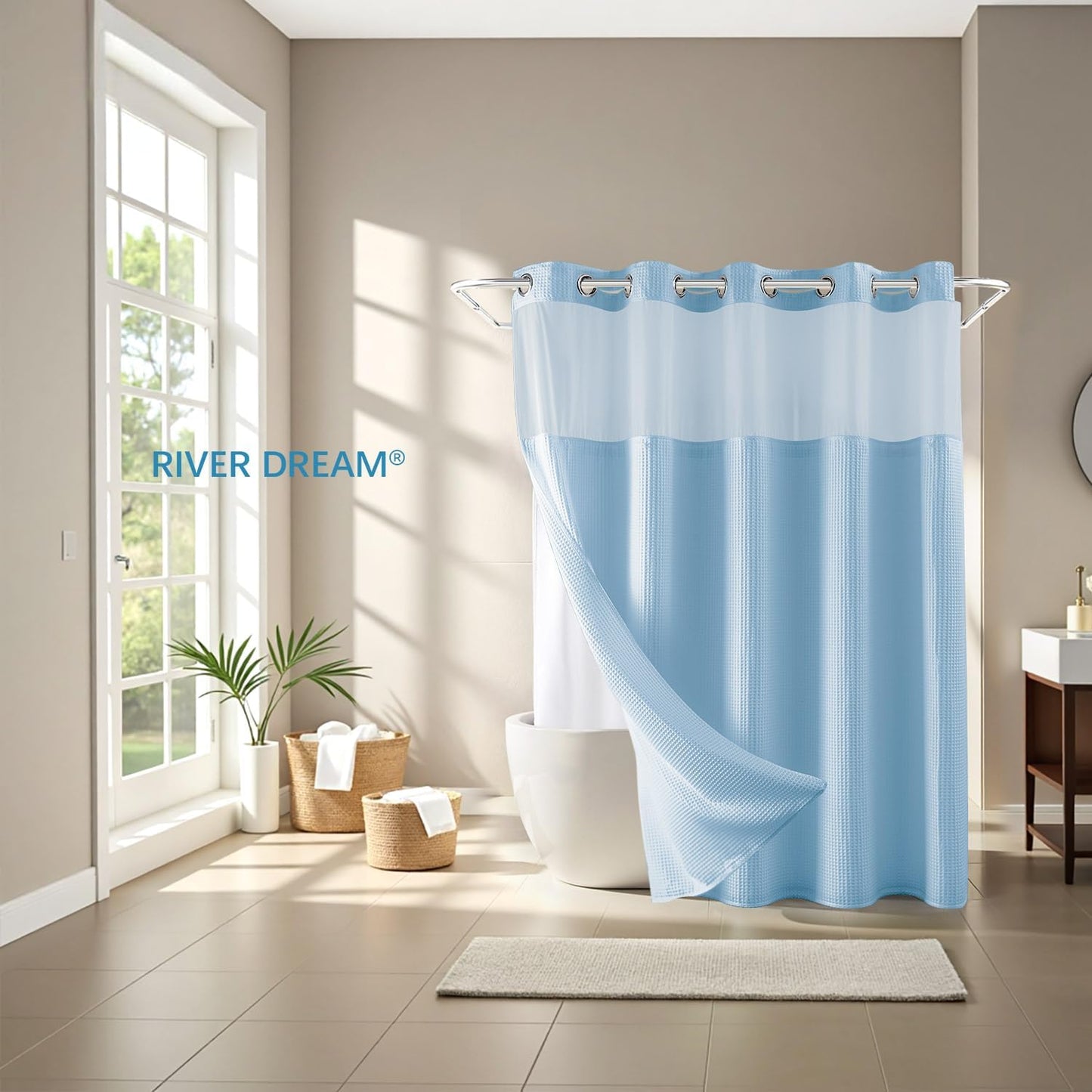 River Dream Sky Blue Fabric Shower Curtain Set, Cotton Blend, Waffle Weave, with Snap in Replacement Liner,71 x 86 inches