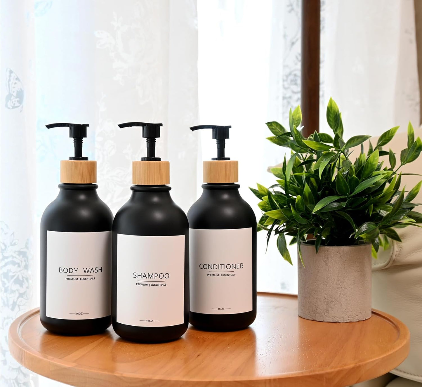 Frosted Plastic Shampoo and Conditioner Bottles, Apothecary Dispenser Bamboo Pump, Refillable Bottles for Shower Lotion, Oil, Hand Soap, Sanitizer, Liquid Soap, Set of 3 with 9 Labels (6, Matte Black)