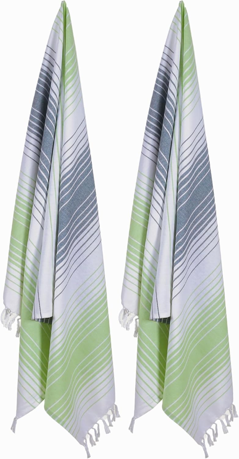 Native Fab 100% Cotton Peshtemal Turkish Bath and Beach Towels Set of 2, Large 40x71 Travel Sarong Gym Pool Spa Towels, Ultra Soft Quick Dry Absorbent Fouta Hammam Peshtemal Towels Green White