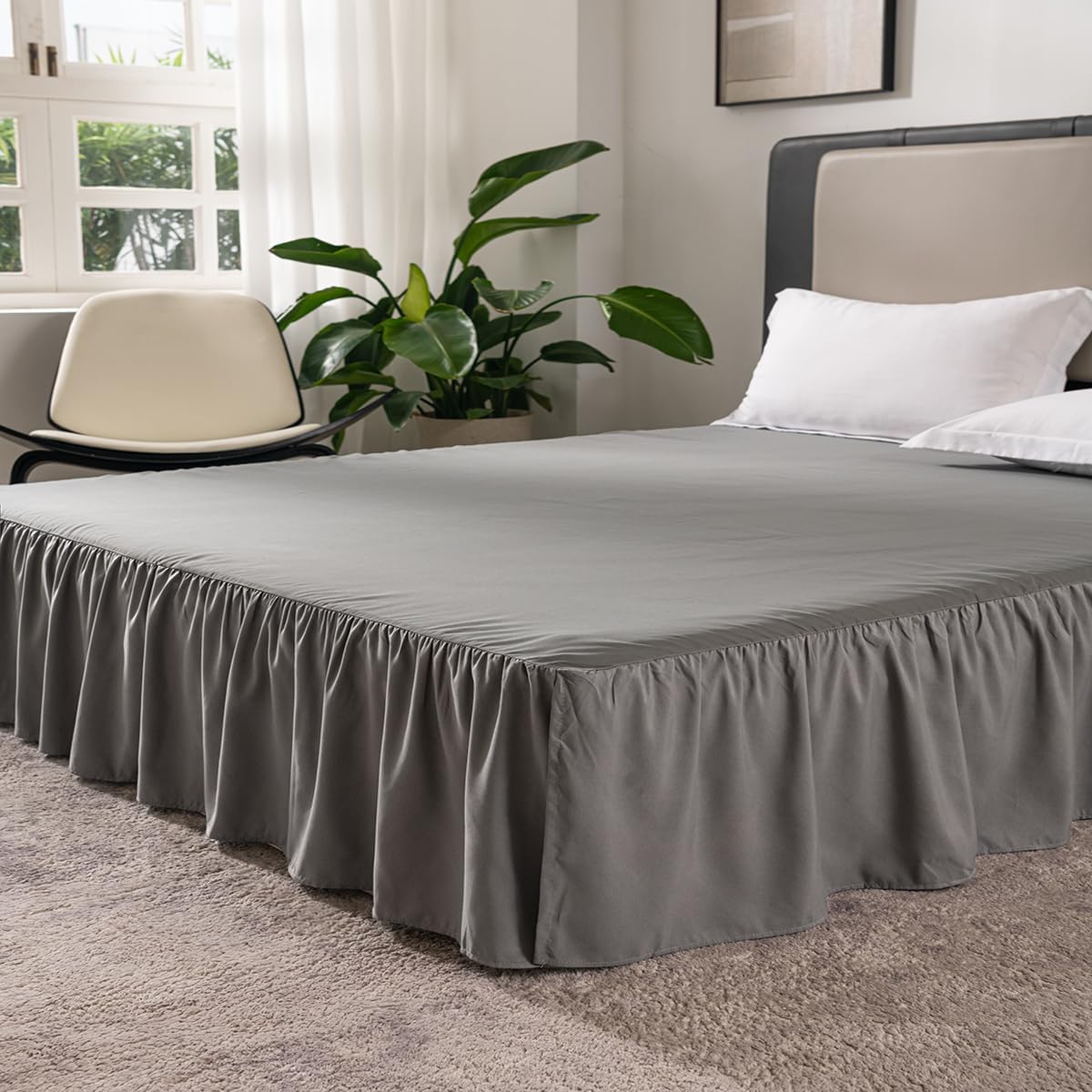 Grey Bed Skirt King Size Ruffled Bed Skirt with Split Corners, King Bed Skirt 12 Inch Drop, King Size Bed Skirt Grey for Ruffled Bed Skirt with Split Corners, Bed Skirt King Size