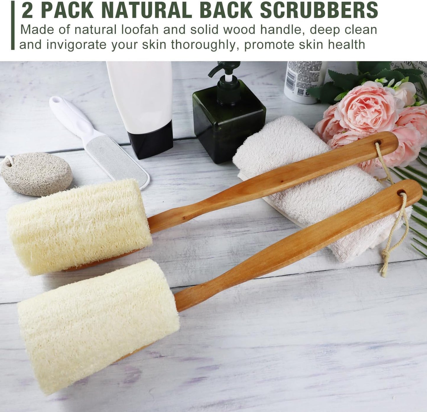 2 Pack Natural Exfoliating Loofah Luffa Loofa Bath Brush On a Stick, Shower Sponge Back Scrubber with Long Wooden Handle for Men & Women, Deep Clean and Invigorate Your Skin Back Brush