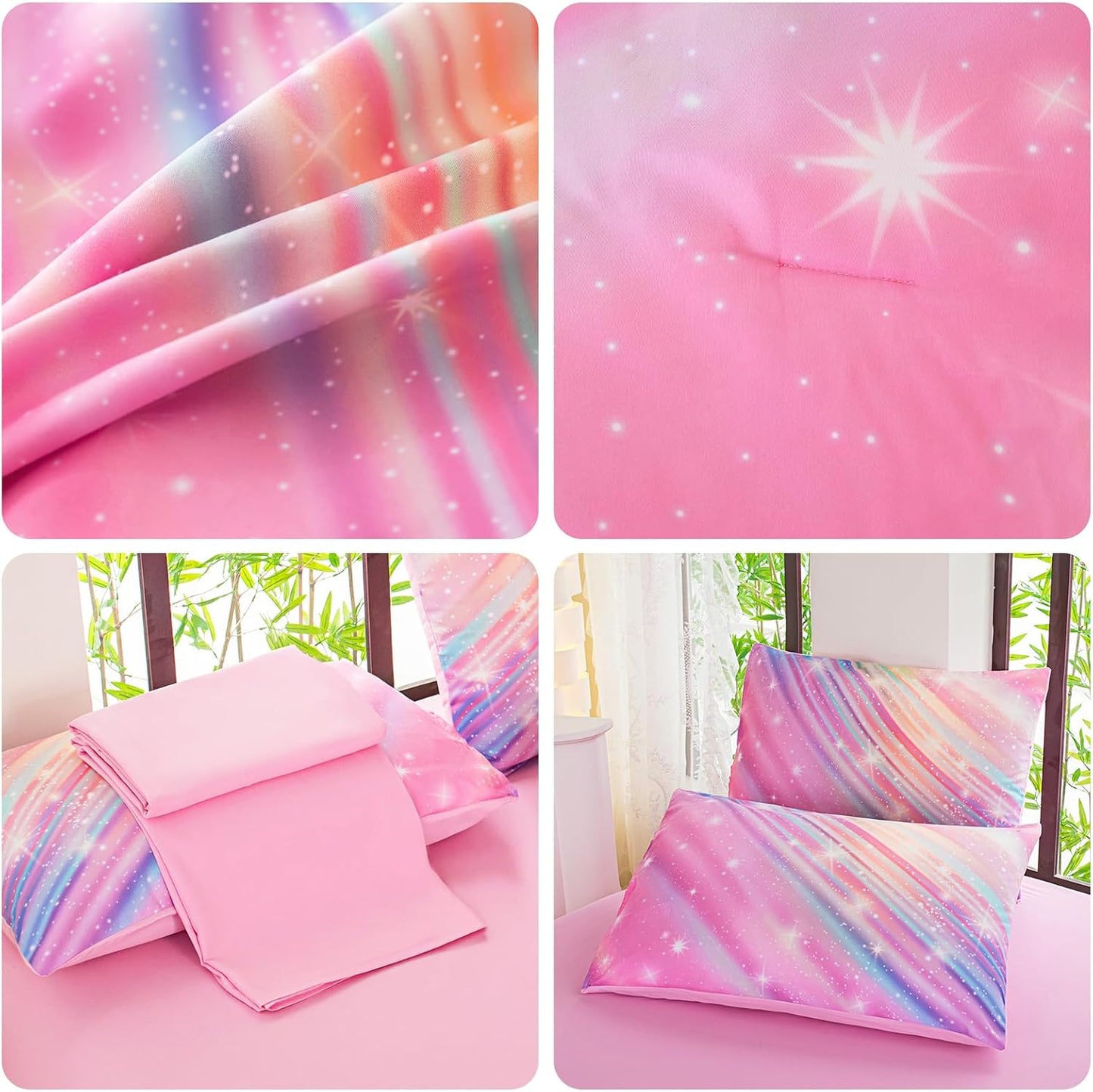Full Comforter Set for Girls Galaxy Bedding 7pieces, Ombre Bedding Comforter Sets Rainbow Comforter, Twill Pink