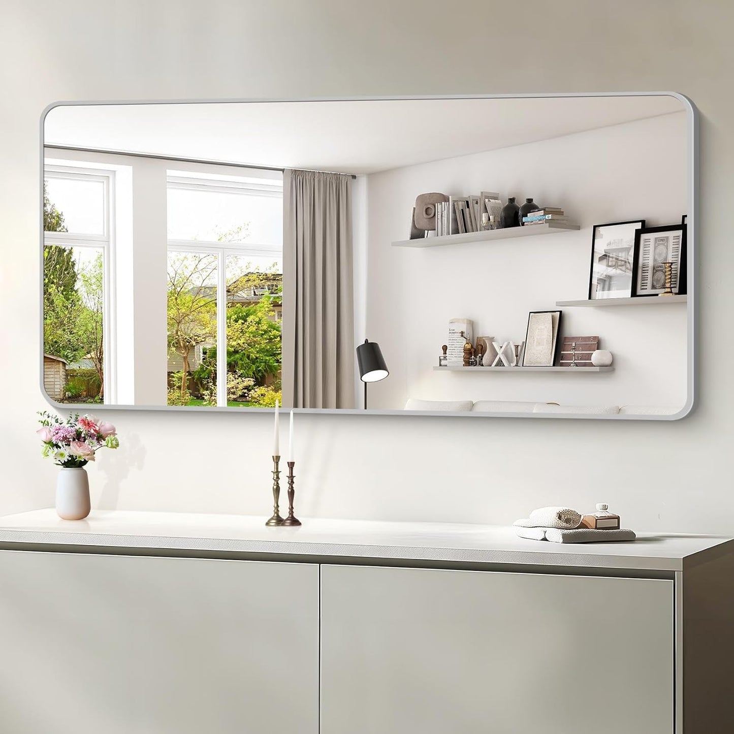 30x60 Inch Silver Bathroom Mirror, Large Rectangular Vanity Mirror, Metal Framed Rectangle Mirror, Rounded Corner Wall Mounted Mirrors for Living Room Bedroom Entryway Horizontal or Vertical