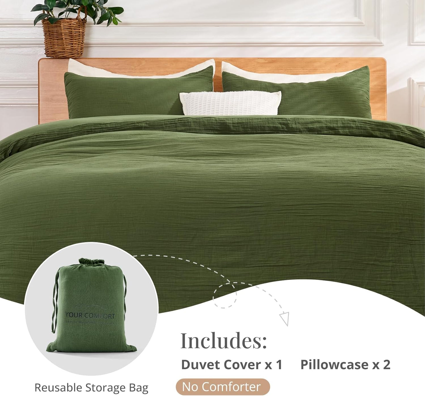 Green Duvet Cover Queen Size, 100% Sandwashed Cotton Soft Queen Duvet Cover Set 3 Pieces with Zipper Clousre & Corner Buttons (Green, Queen 90 x 90)