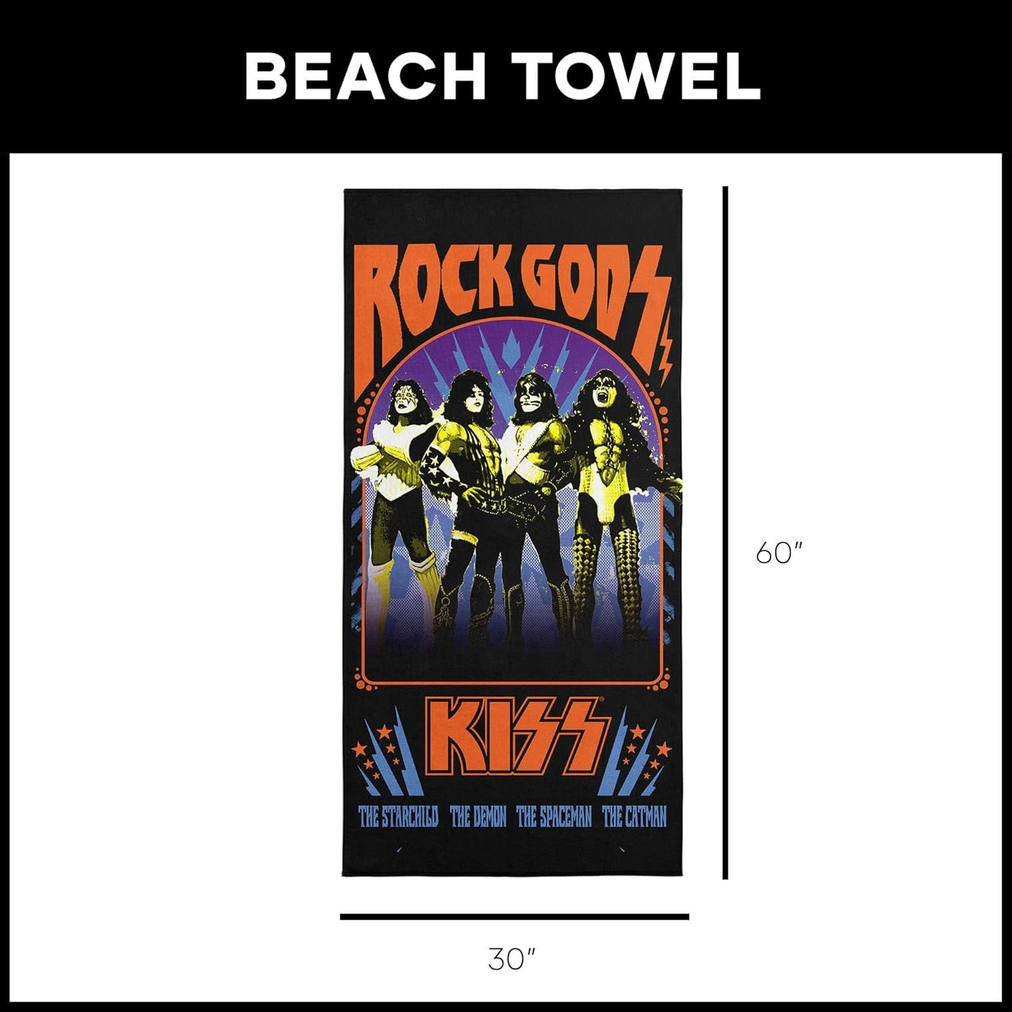 Northwest KISS Gods of Rock Beach Towel, Rock and Roll Pool and Bath Towel, Soft and Absorbent, Quick Dry, 30 x 60 inches
