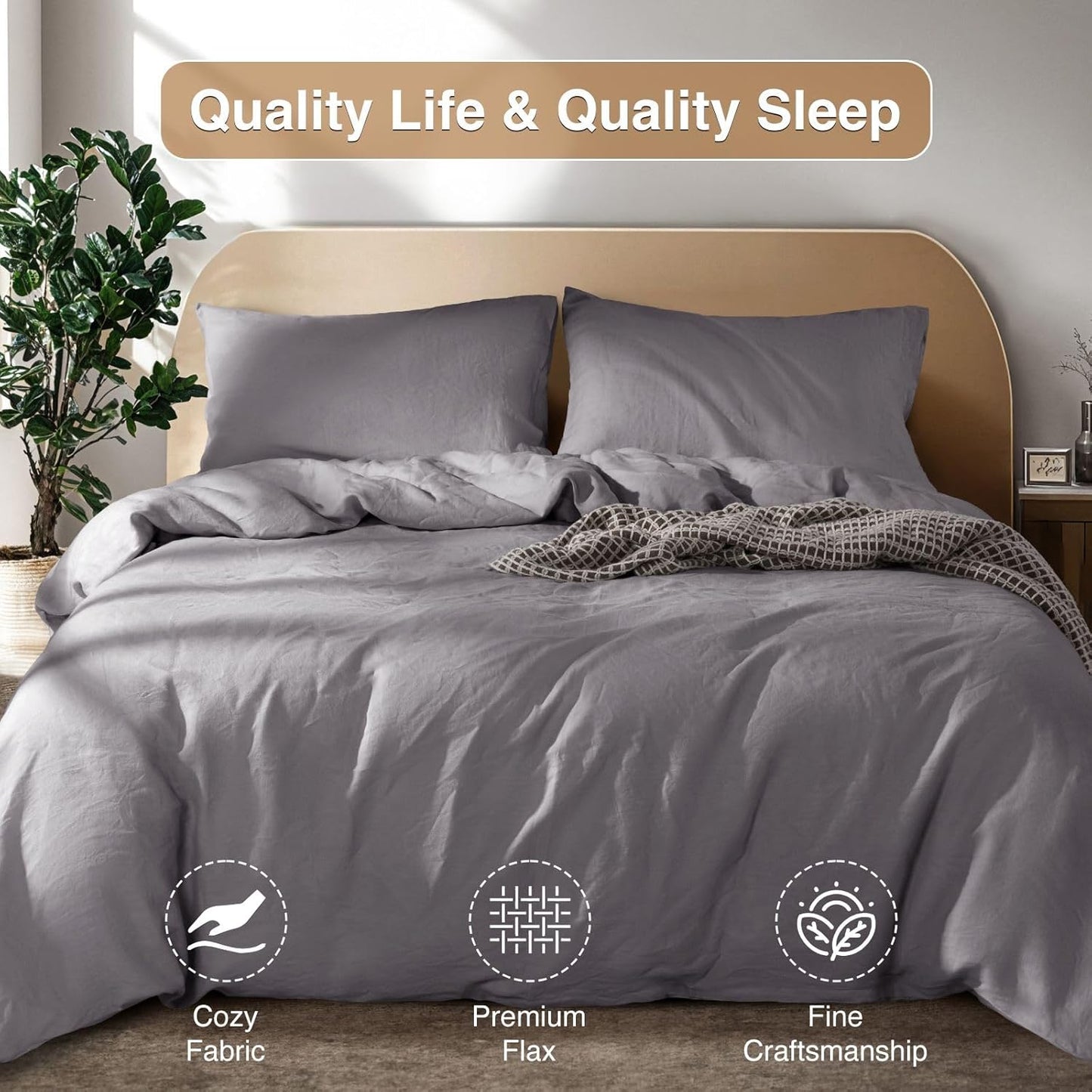 SONORO KATE 100% French Linen Duvet Cover, Soft Breathable for Hot Sleepers, Moisture Wicking & Durable Cover Set - Zipper Closure & 4 Corner Ties Duvet Covers 3 Piece (Dark Grey,Cal King)