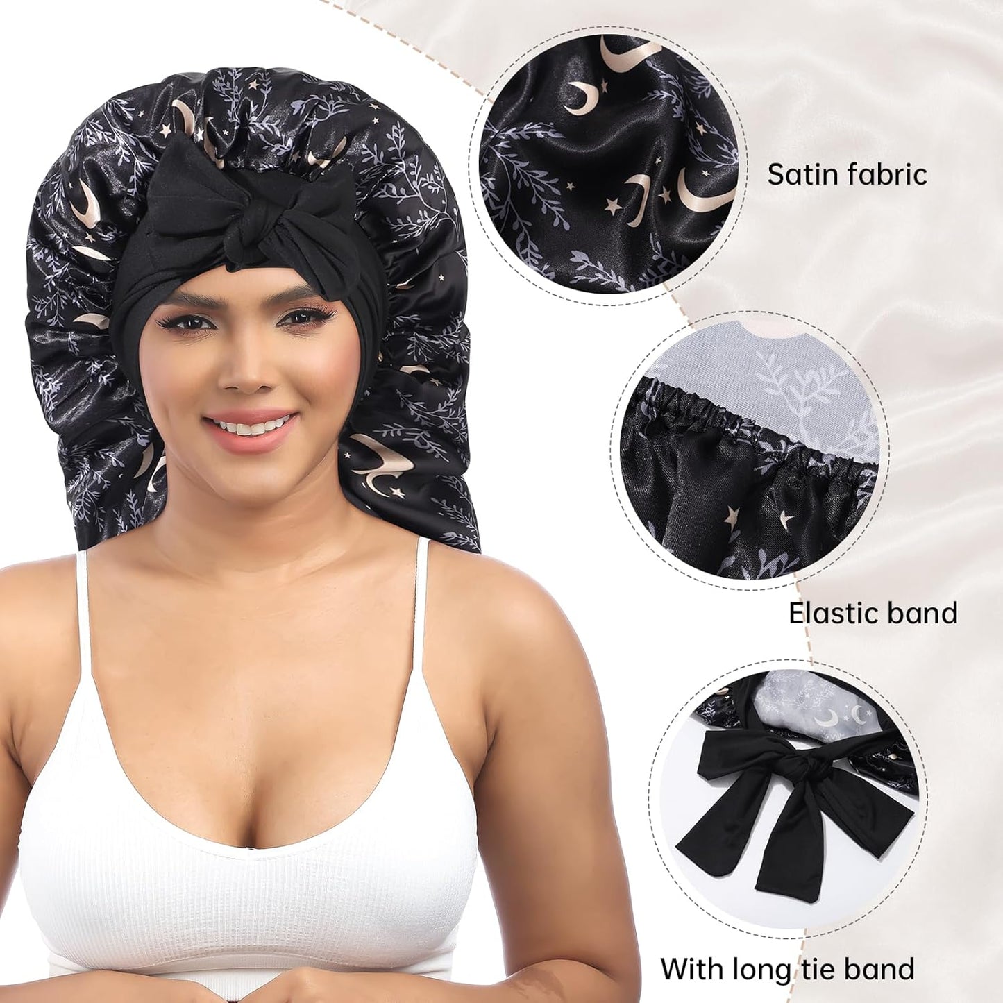 AWAYTR Long Satin Bonnet for Braids - Elastic Silk Hair Bonnets for Sleeping Night Cap Stretchy Tie Band for Women(Star and Moon)