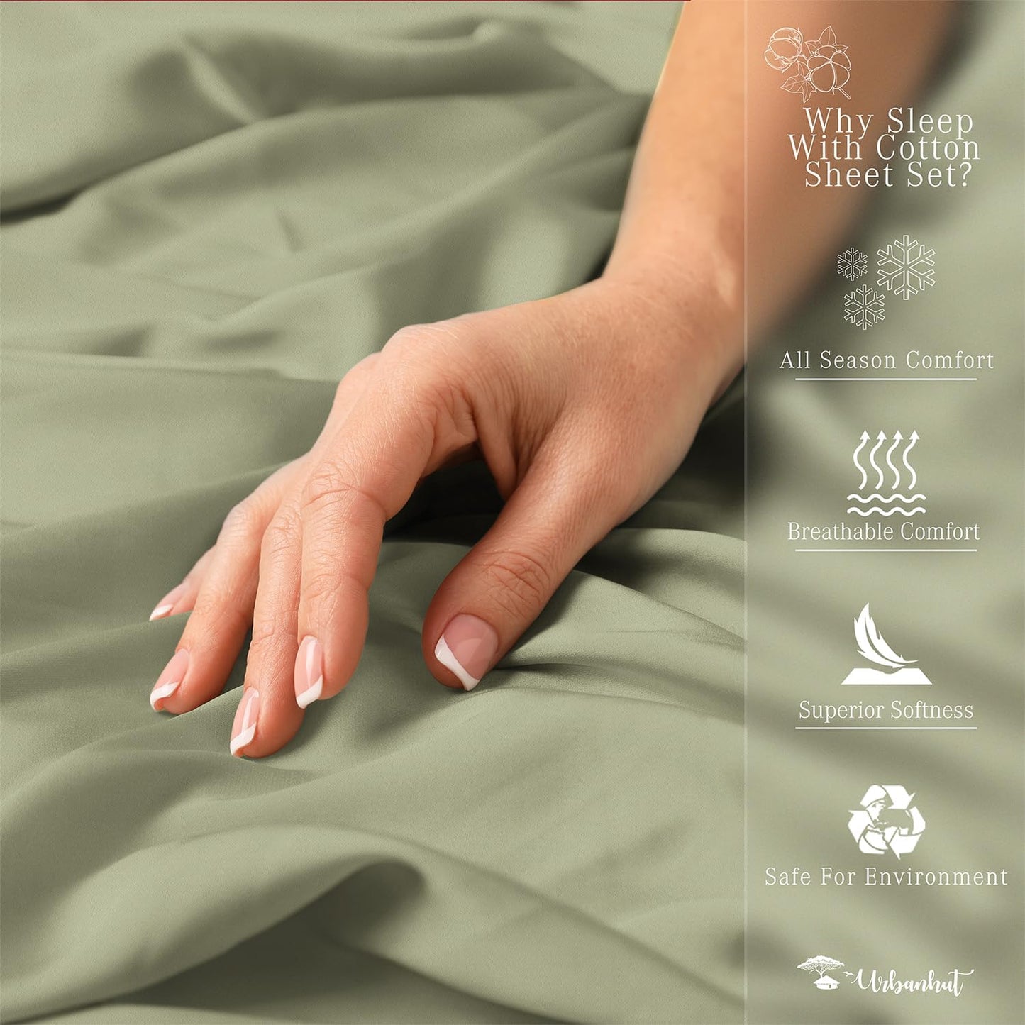 URBANHUT 1000 Thread Count Twin Sheets Egyptian Cotton for Twin Size Bedding Long Staple Soft & Breathable, 3 Pc Bed Sheet Sets, Luxury Hotel Sateen Weave Sheets Fits 16" Deep Pocket - Sage
