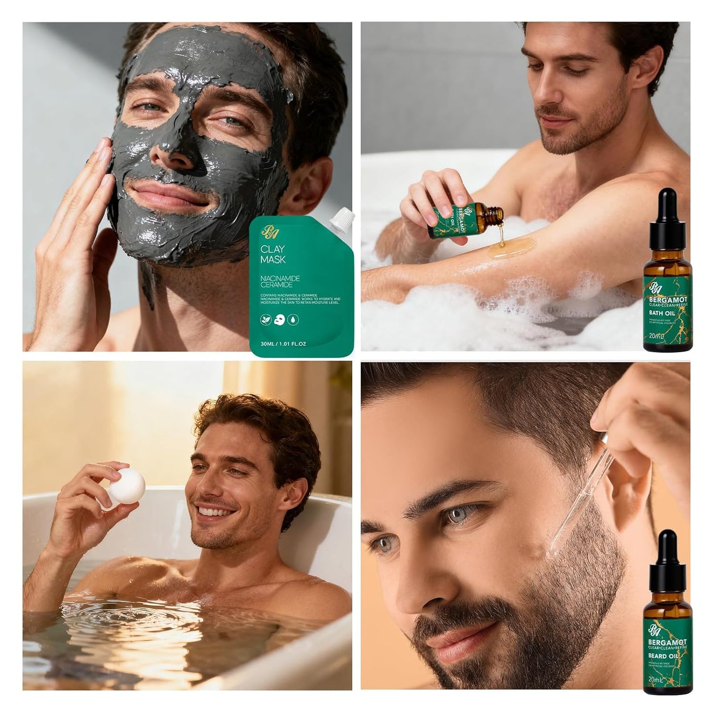 Men Bergamot Facial Skin Care Set, 21 Pcs Beard Grooming Kit, Bath and Body Gift Set, Cleanser, Beard Oil, Serum, Face Cream, Birthday, Christmas, Valentines, Father Day, Husband, Dad, Boyfriend