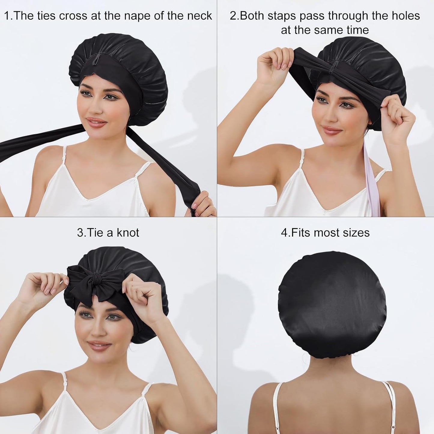 ZIMASILK 100% Mulberry Silk Bonnet for Sleeping Women Long Hair Double Layer Silk Hair Wrap with Tie Band Stay On Head (1Pc, Black)