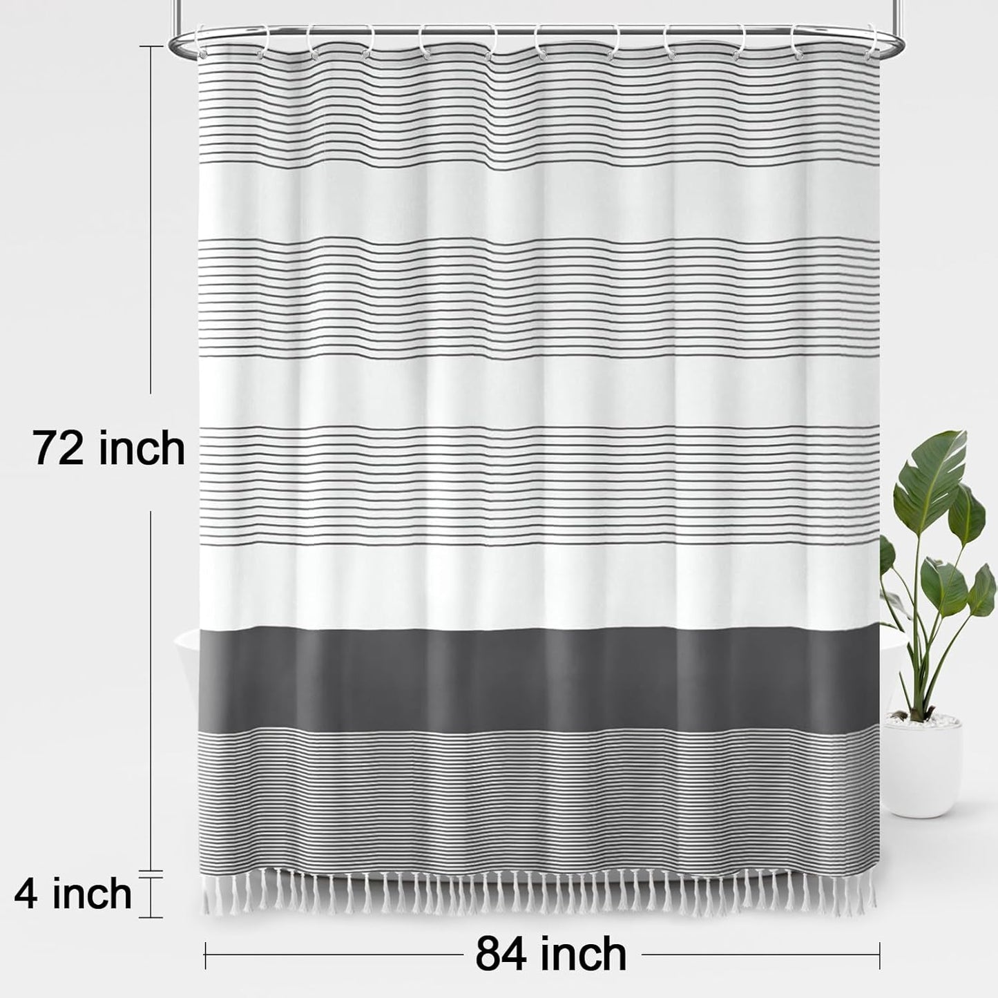 Awellife Gray Shower Curtain for Bathroom Stripe Tassel Shower Curtain 84 X 72 Farmhouse Cotton Boho Dark Grey
