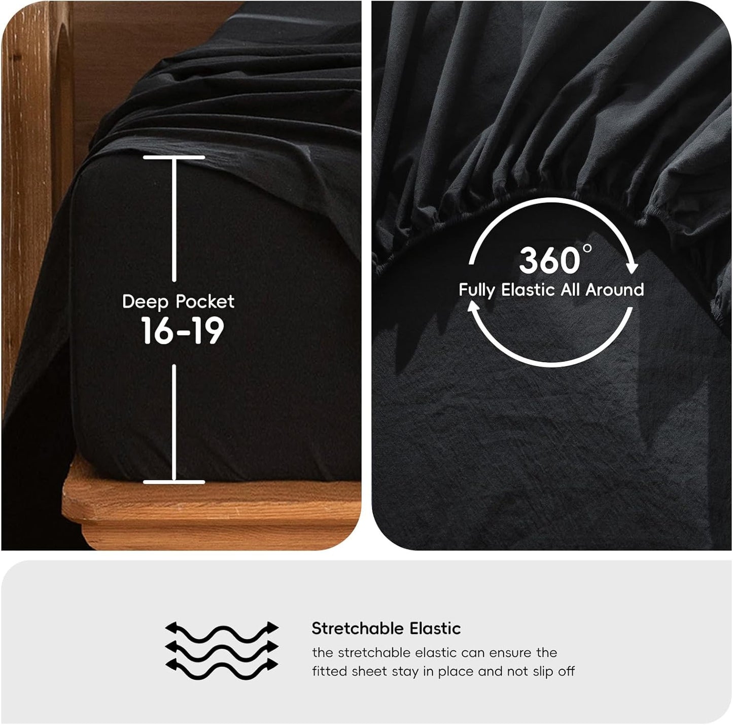 MooMee Bedding Sheet Set 100% Washed Cotton Linen Like Textured Breathable Durable Soft Comfy (Solid Black, California King)