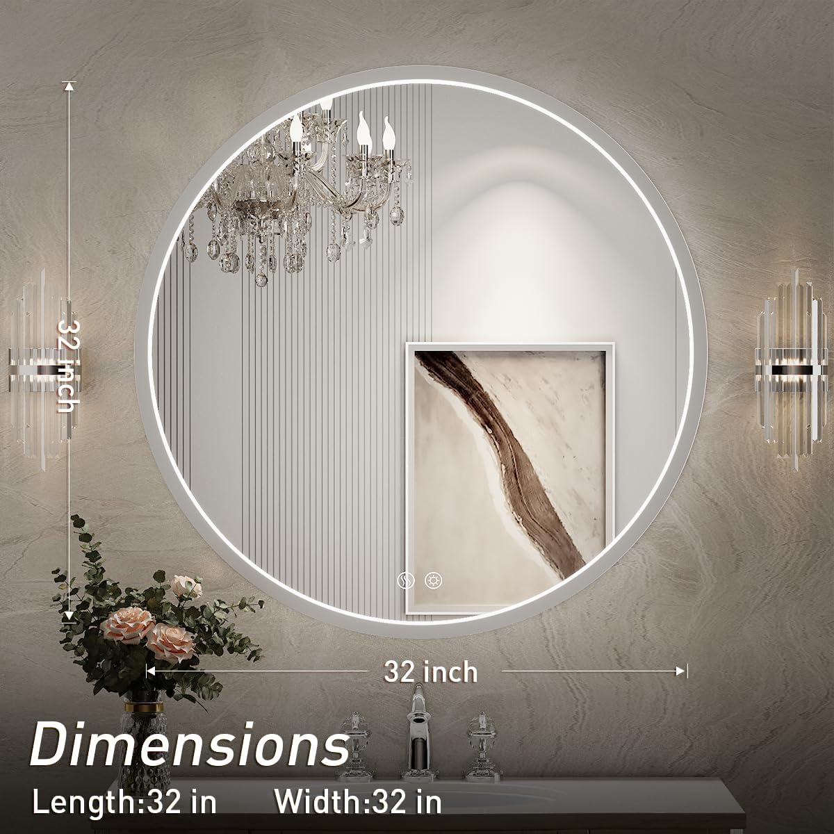 32" Round LED Bathroom Mirror, Dimmable Anti-Fog Vanity Mirror with Touch Control, 6000K Natural Light, Silver Metal Frame, Wall Mounted for Makeup Shaving (IP54, 90+ CRI)